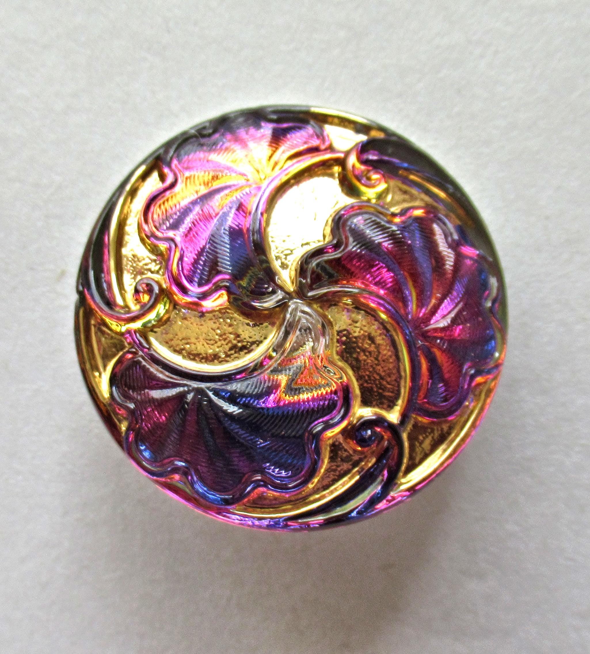 One 27mm iridescent Czech glass button - pink orange and purple w/ gold accents - art nouveau stylized leaves decorative shank button 000833
