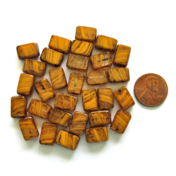 10 Czech glass rectangle beads - burnt orange & crystal clear striped picasso beads - 12 x 8mm - rustic rectangular table cut beads - C00621