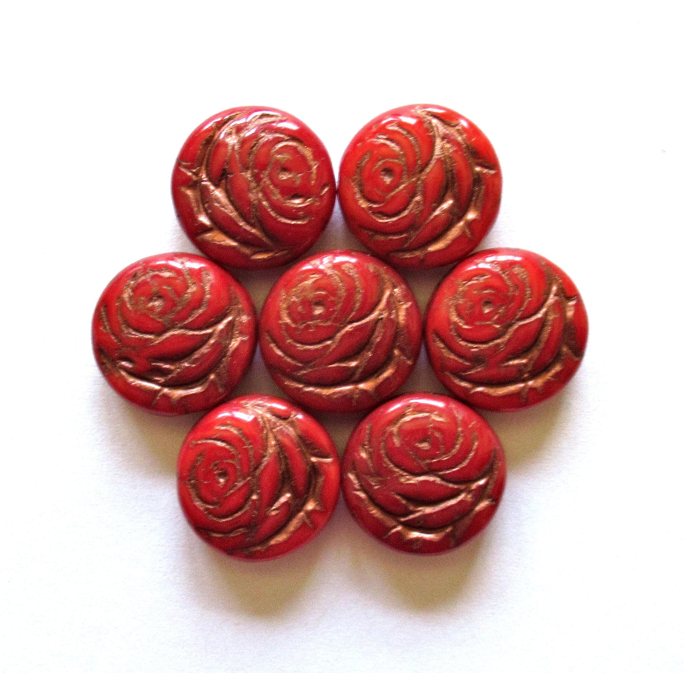 6 Czech glass flower coin beads - 17mm - opaque red - puffy pillow rose beads w/ a copper wash - C00971