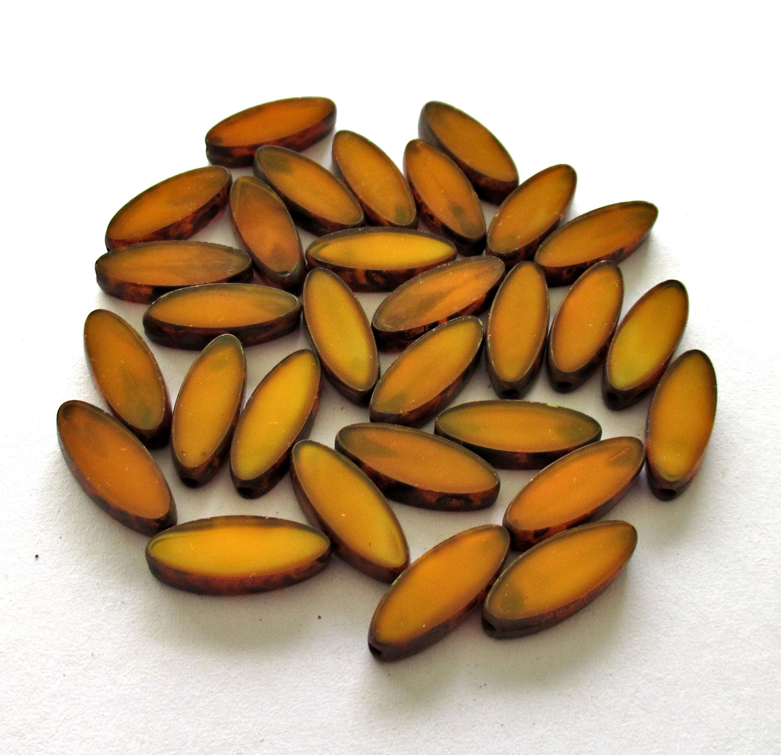 Pumpkin spindle beads - translucent pumpkin orange picasso - Czech glass table cut almond shaped beads - 16 x 6mm - 10 pieces - C00921
