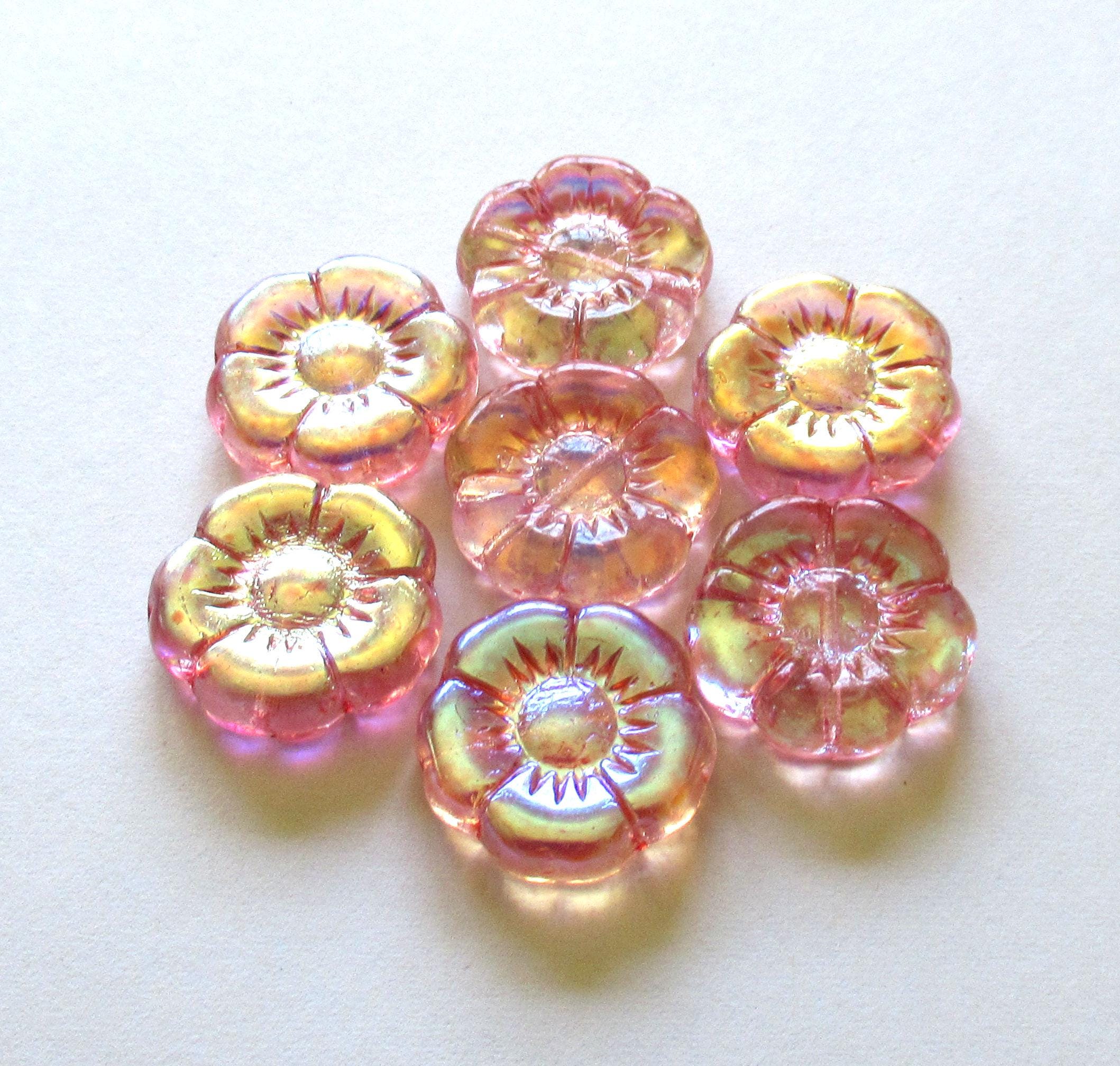 4 large Czech glass flower beads - pink w/ ab AB finish on one side - 18mm - 00921