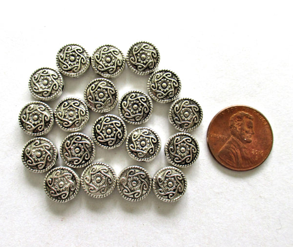 Antique Tibetan style - silver tone metal alloy beads - 10mm ornate coin beads - 20 pieces - C0098