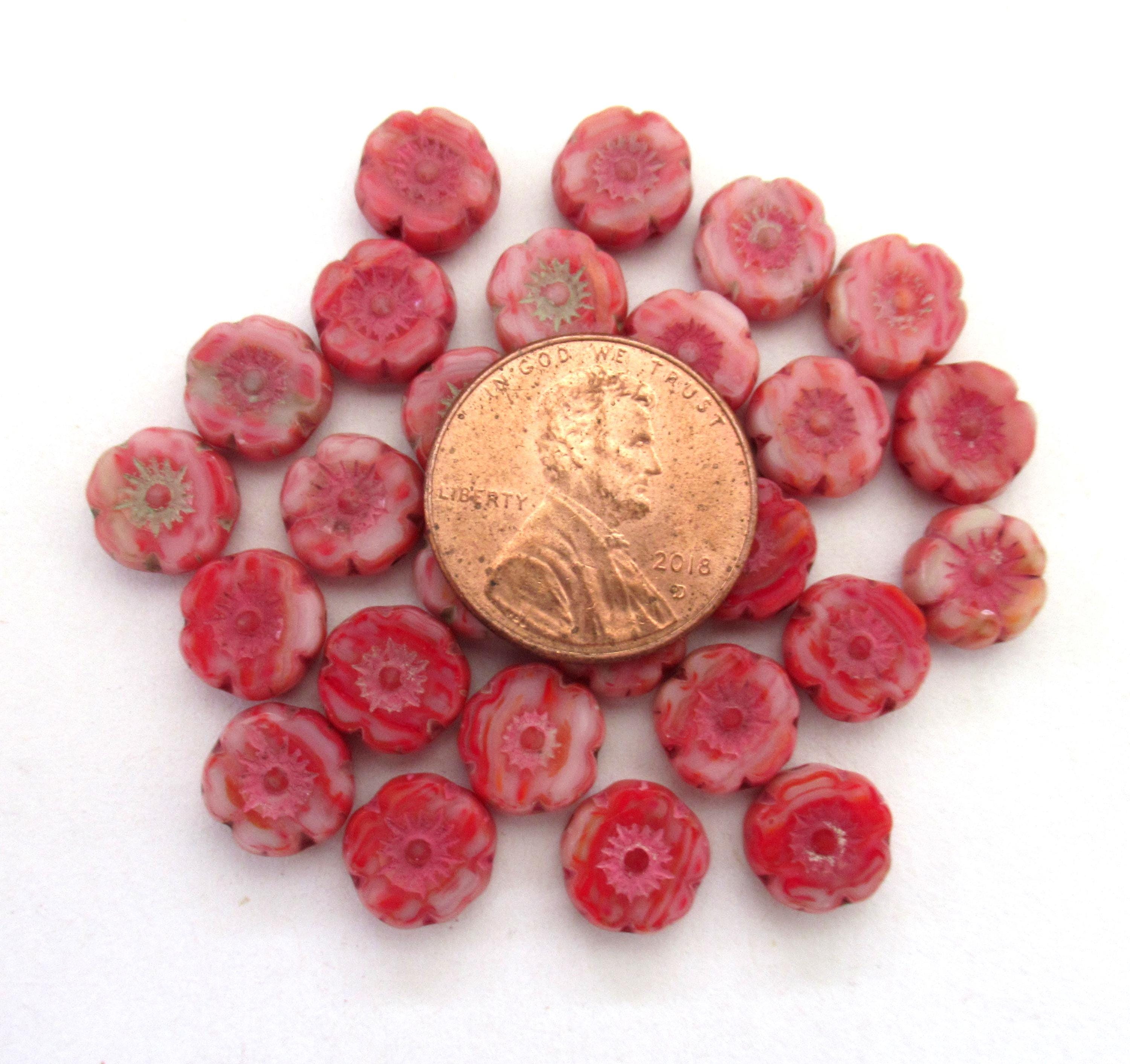 Lot of 15 8mm Czech glass flower beads - table cut - carved - marbled red & white / pink - Hawaiian hibiscus flower beads C00431