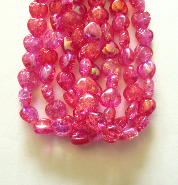 Ten Czech glass heart beads - 11mm bright hot pink crackle glass hearts with a metallic pink finish on one side of each bead- C0049