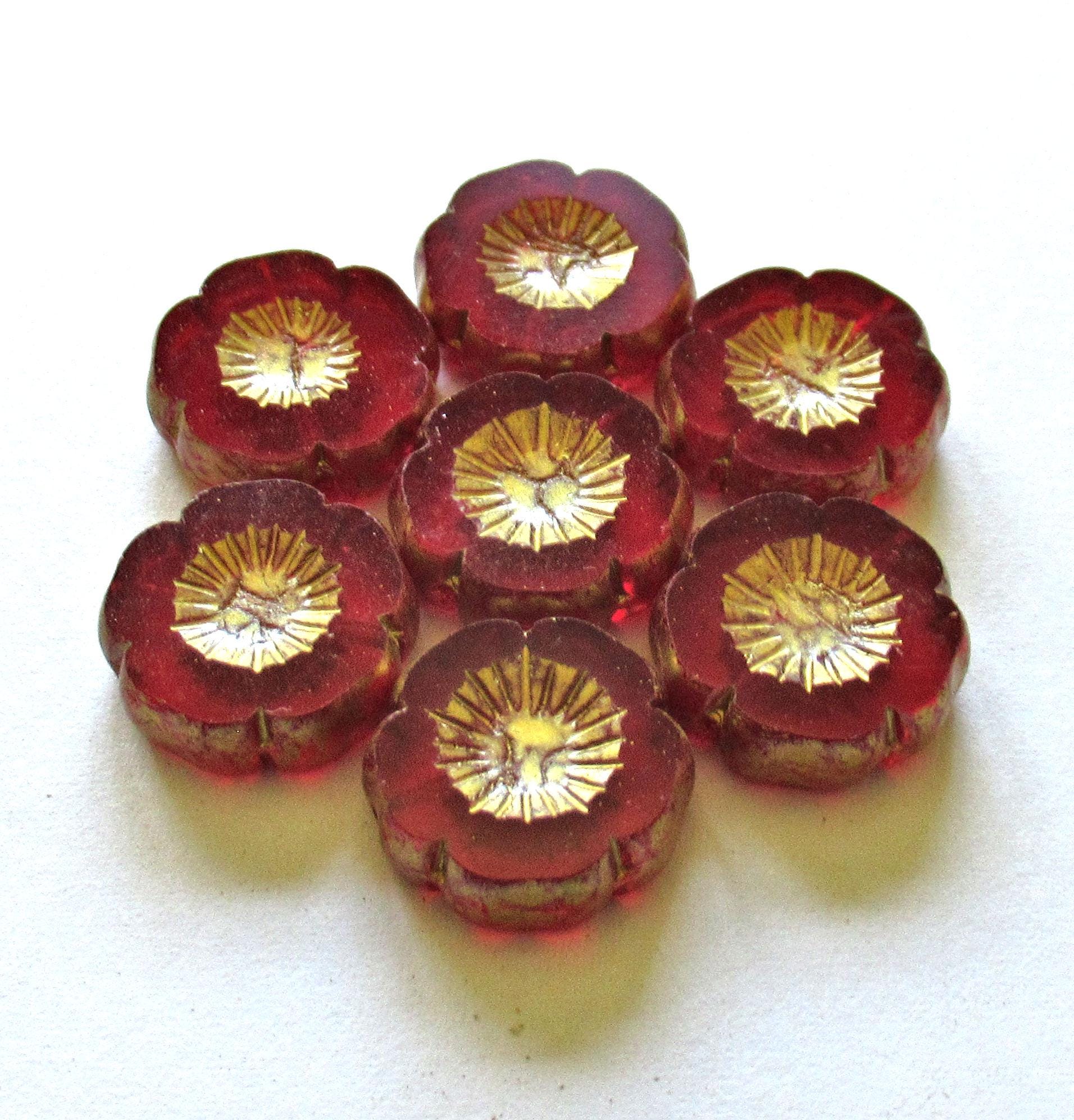 Five large Czech glass flower beads - 16mm - light garnet red w/ a gold wash - table cut & carved - Hawaiian hibiscus flowers - C00522