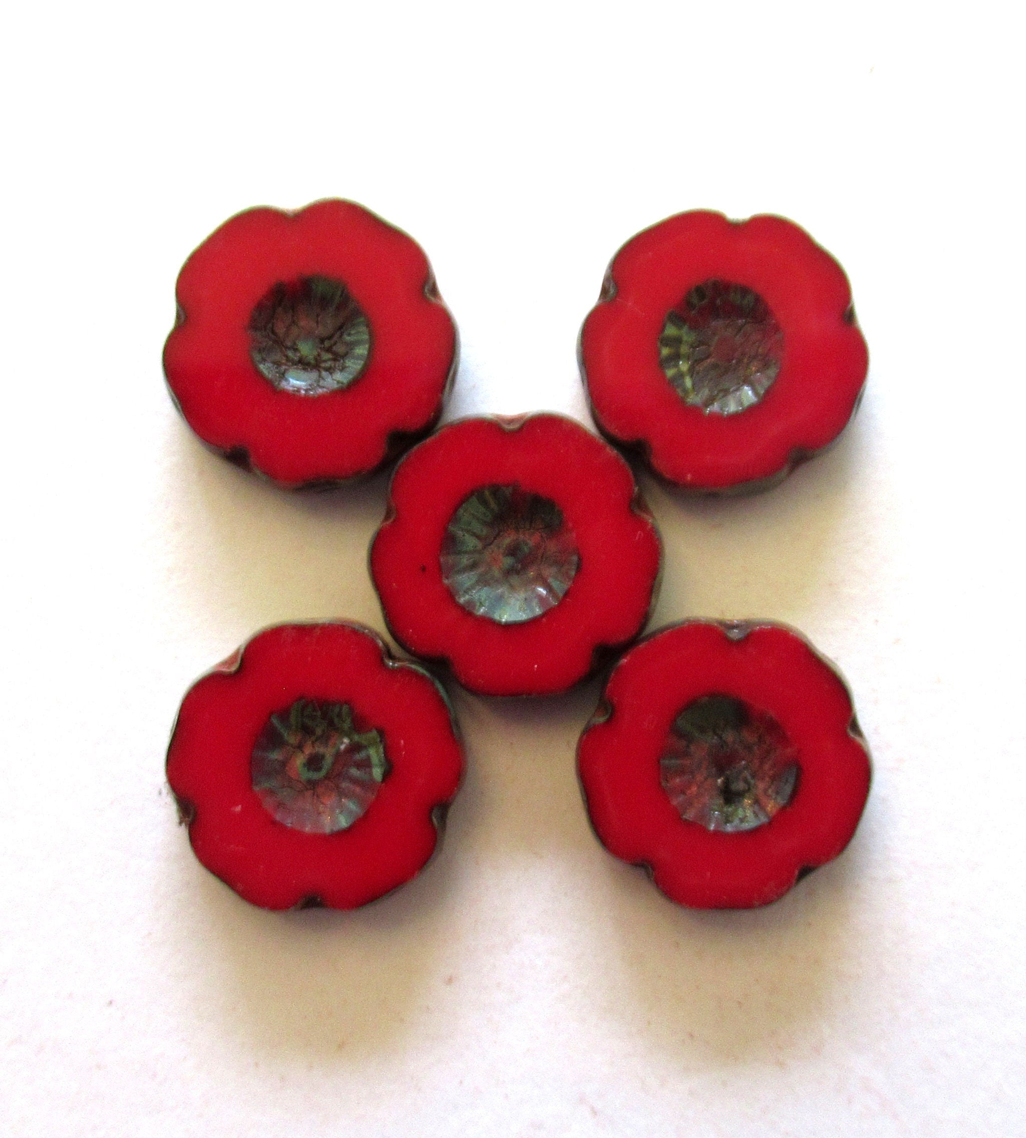 Five Czech glass flower beads. 14mm table cut, carved, opaque deep red picasso Hawaiian hibiscus flower beads C00001
