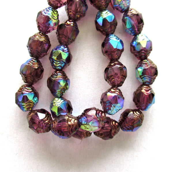 15 Czech glass mini antique style oval beads - 8 x 6mm amethyst purple ab beads with bronze accents - faceted fire polished beads - C00191