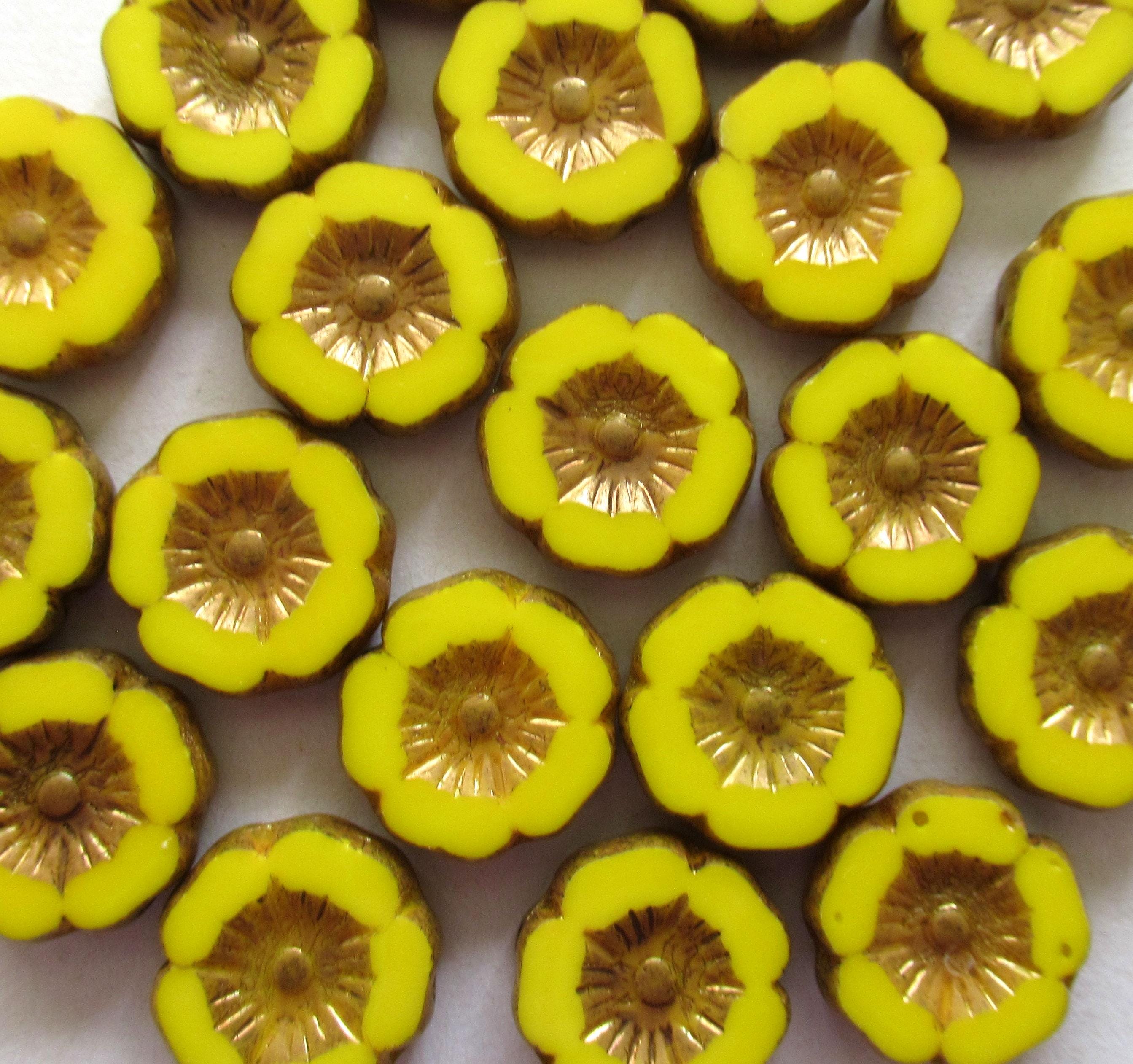 Ten 12mm Czech glass flower beads - opaque bright yellow with bronze picasso accents - table cut carved Hawaiian floral beads C00291