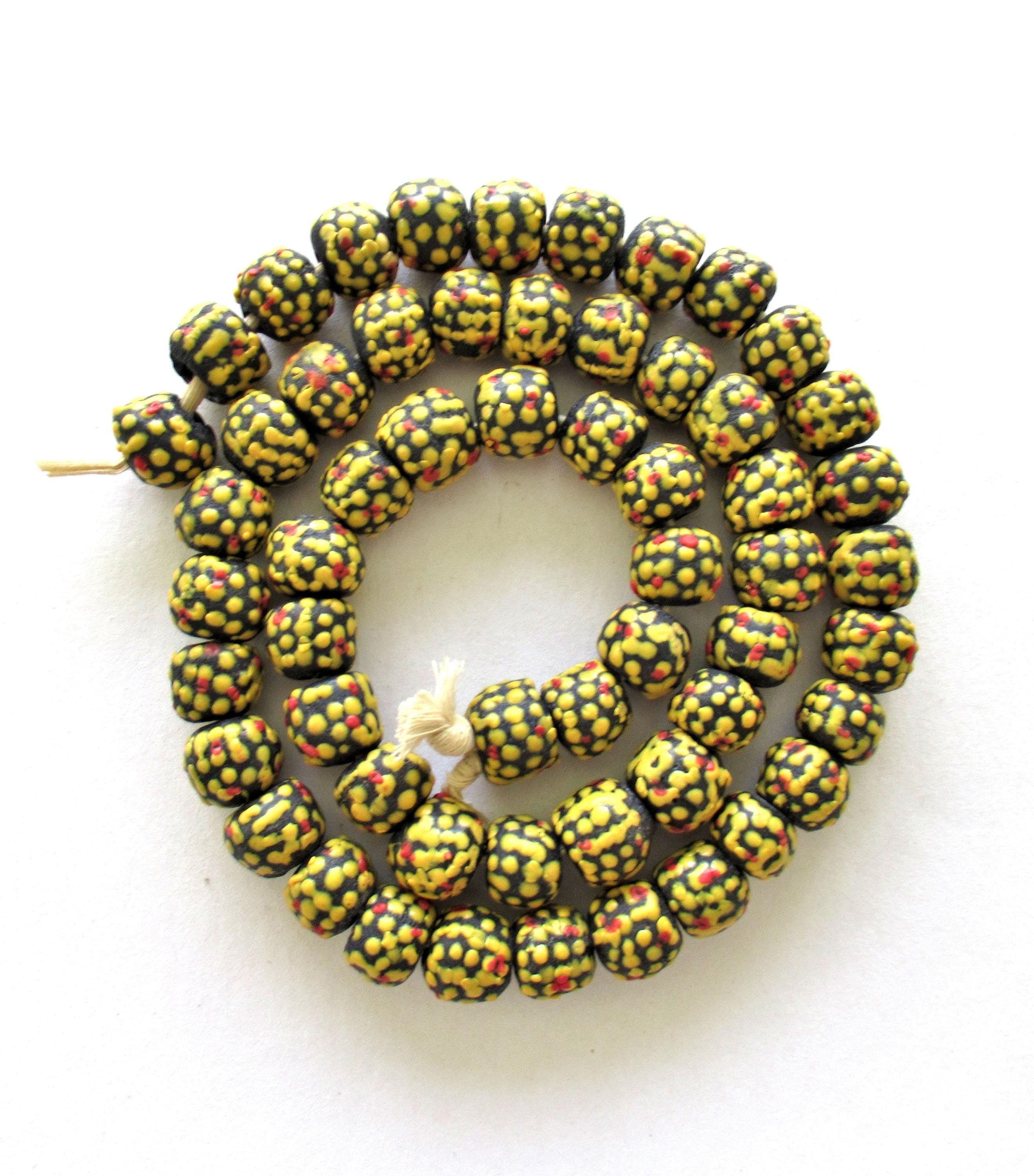 African Ghana Krobo glass rondelle beads - brown w/ orange & red dots - 11 to 12mm by 9 to 10mm - big hole rustic beads - 8 beads - C00611