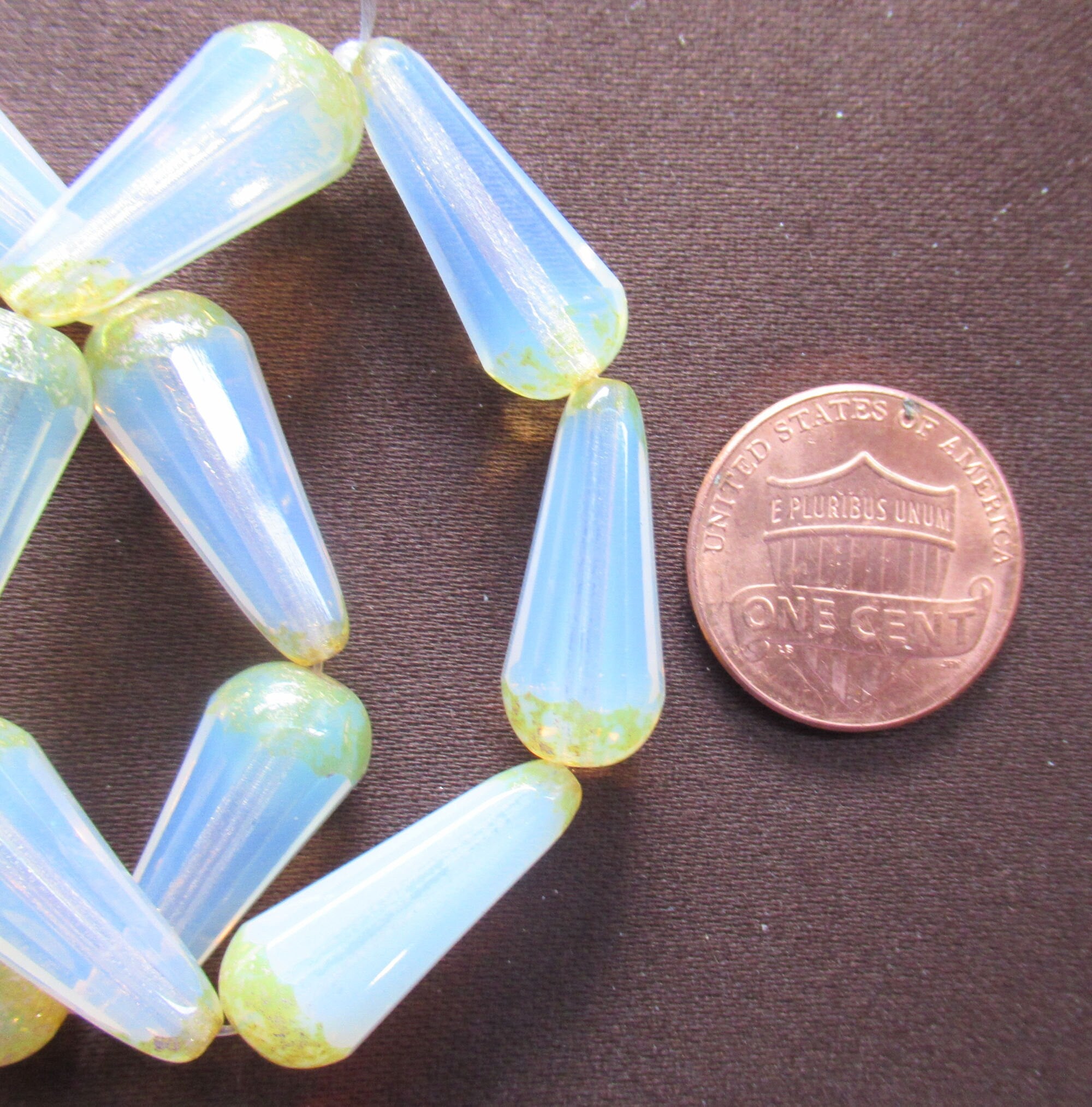 Six Czech glass long faceted teardrop beads - translucent milky white w/ picasso finish on the ends - 9 x 20mm elongated tear drops 19106