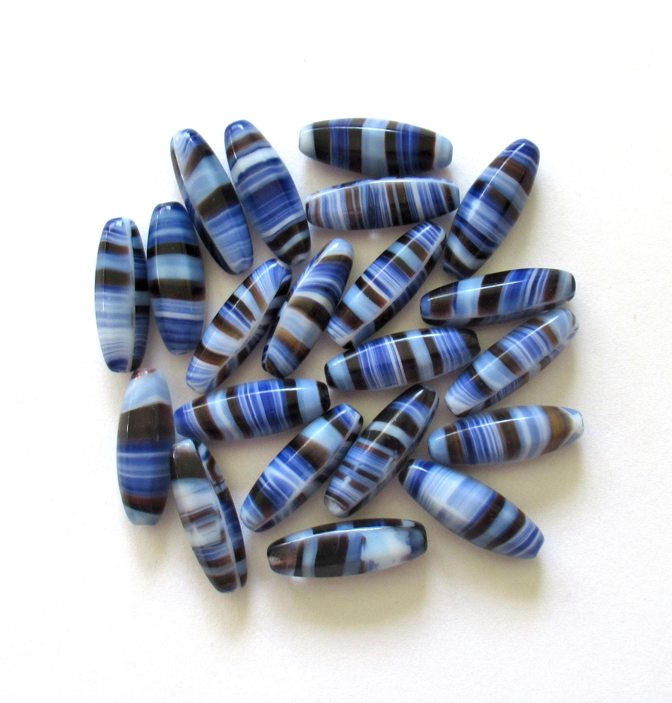 Large Czech glass tube beads - marbled blue, black & white striped - 22 x 9mm - 10 beads - C0038