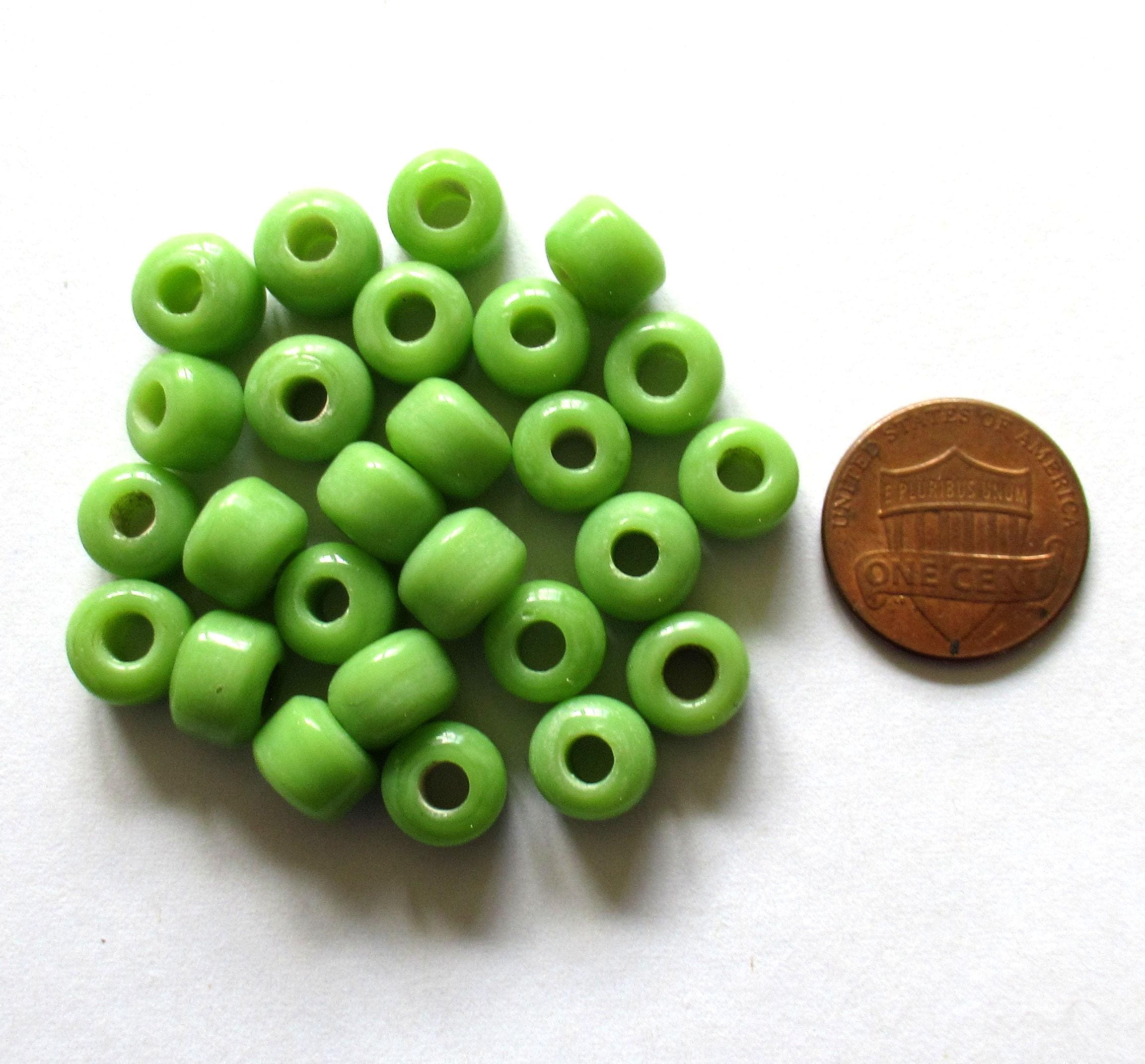 25 9mm glass pony or roller beads - opaque medium green big hole crow beads - made in India - C6401