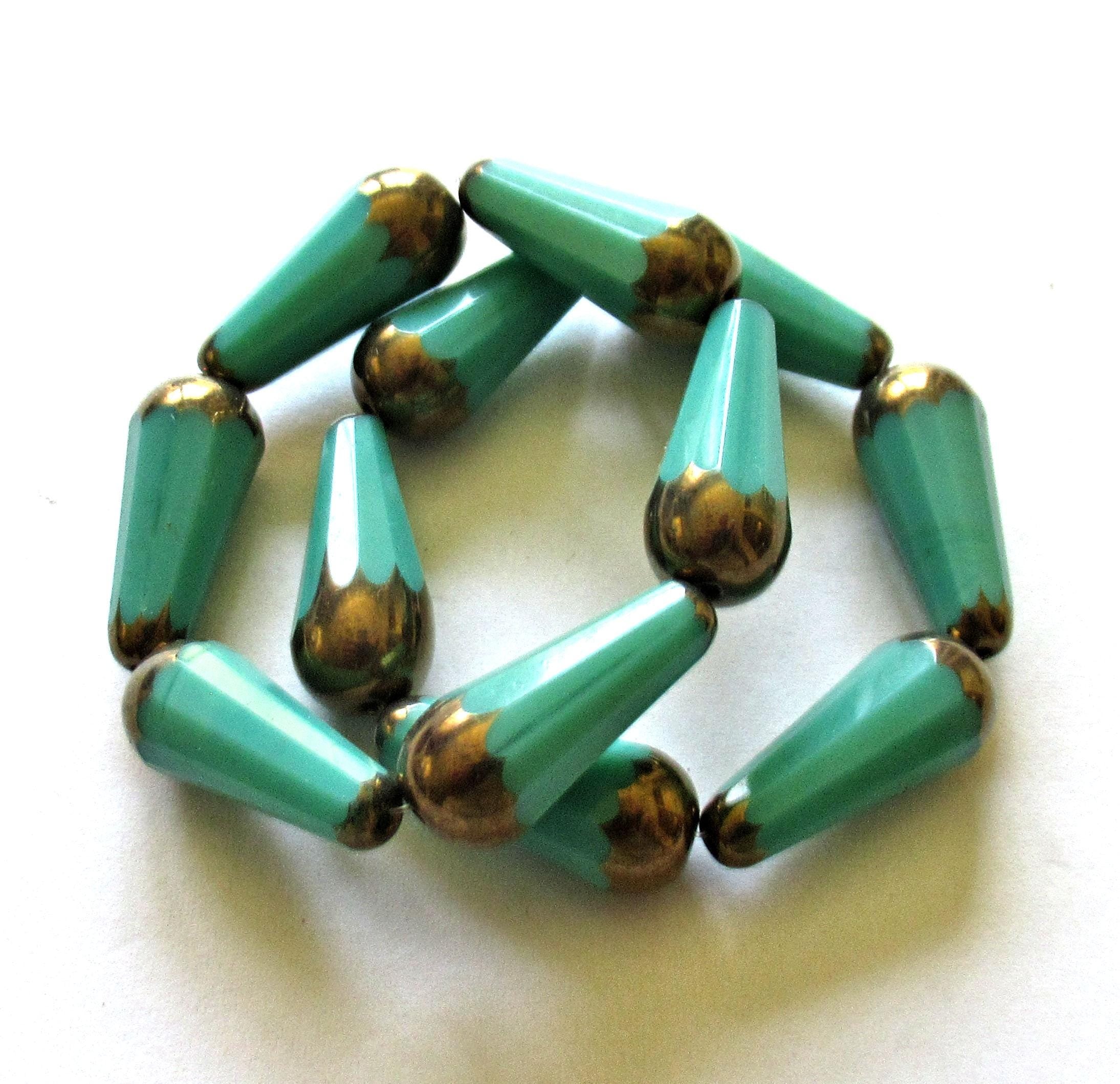Six Czech glass long faceted teardrop beads - opaque turquoise green w/ gold picasso accents - 9 x 20mm - elongated tear drops - 00672