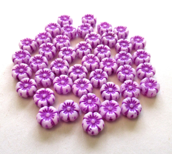 15 8mm Czech glass flower beads - opaque white beads with a deep bright purple wash - Hawaiian hibiscus flower beads C00501