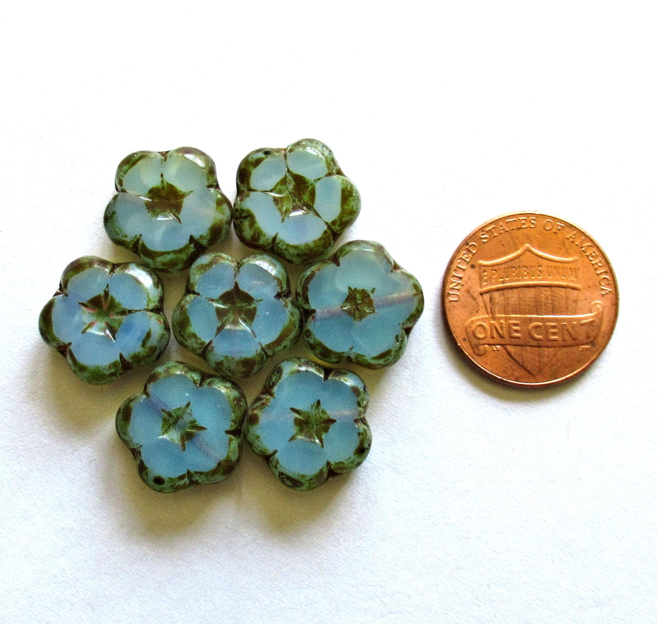 Six Czech glass flower beads - 14mm - translucent milky seafoam green w/ picasso accents - table cut carved - C00541