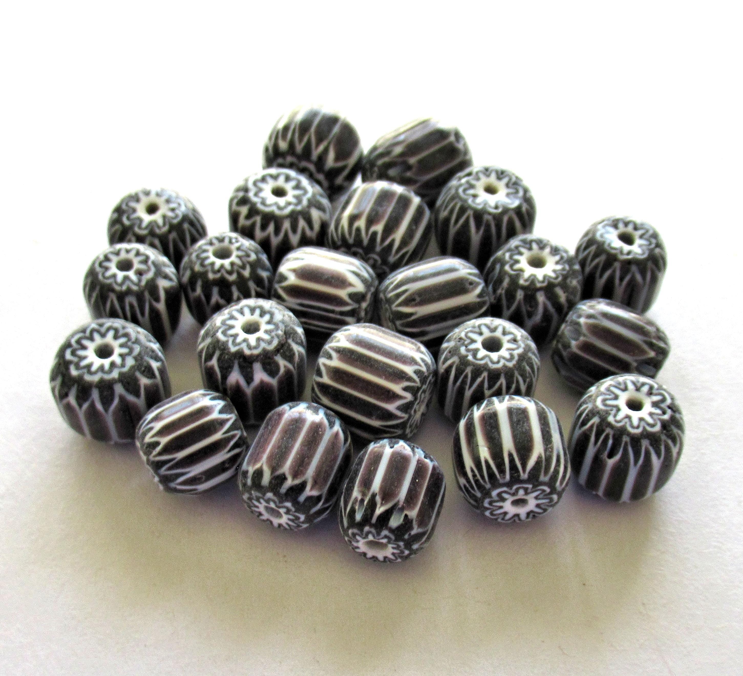 Large chevron glass barrel Beads - black, white & dark red striped beads - 10 x 8mm - ten beads - C0331