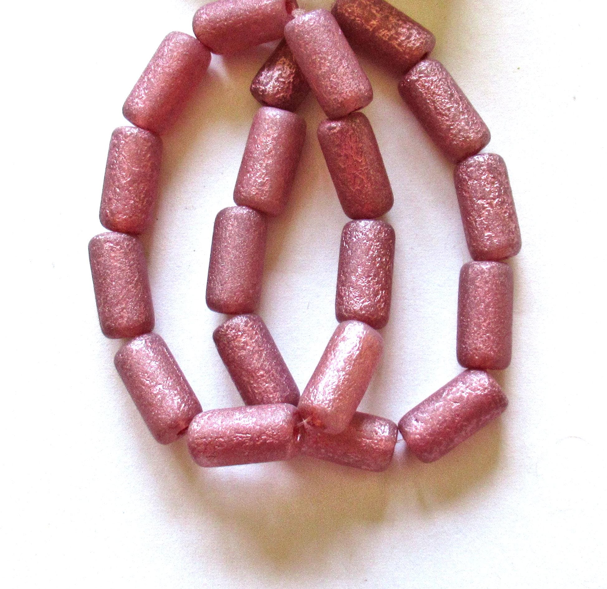 Ten Czech glass tube beads - etched pink w/ big 2mm holes - 7 x 14mm - C00052