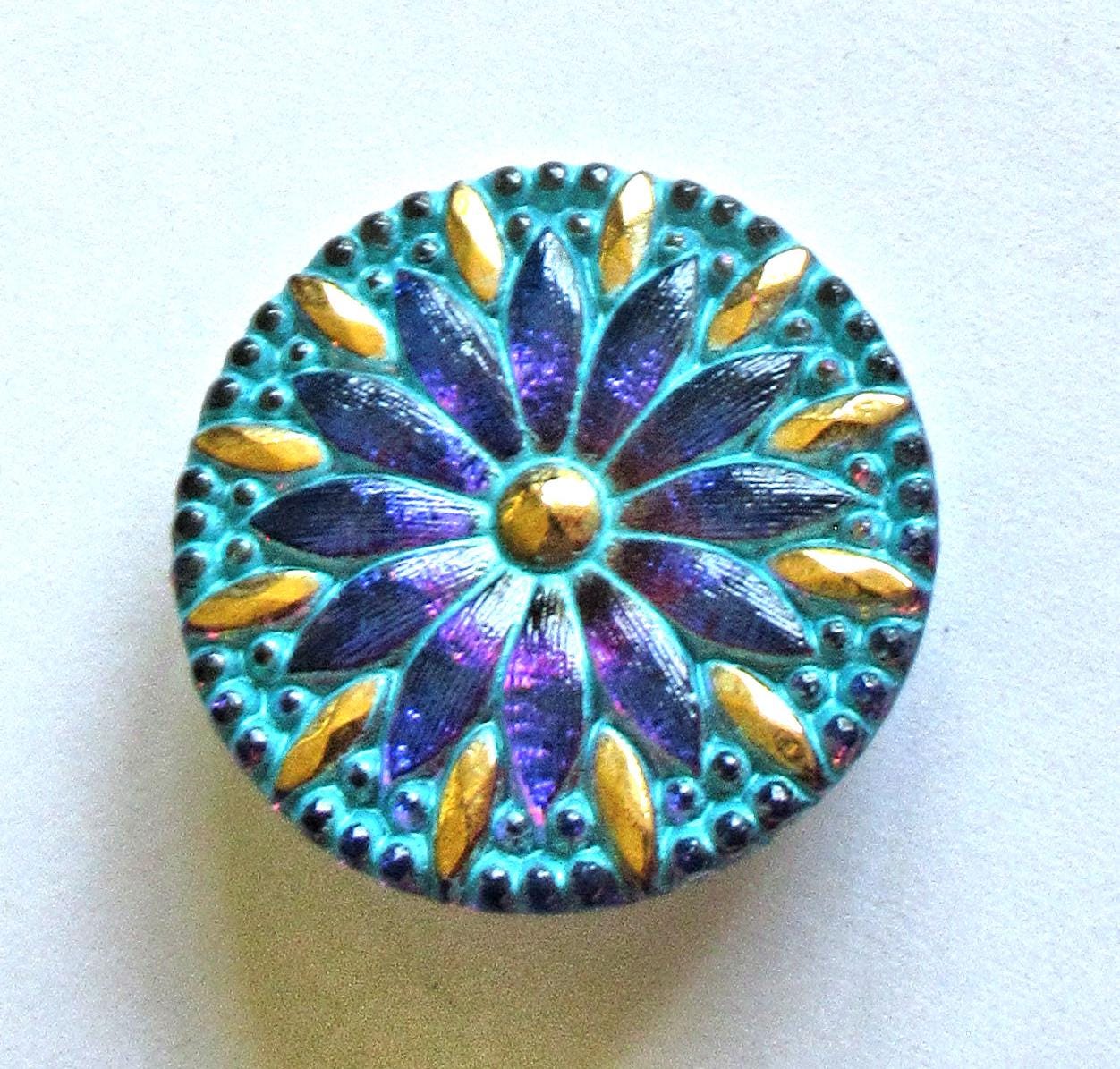 One 30mm Czech glass daisy flower button - iridescent blue & purple with gold accents and a blue wash - decorative shank button - 00054
