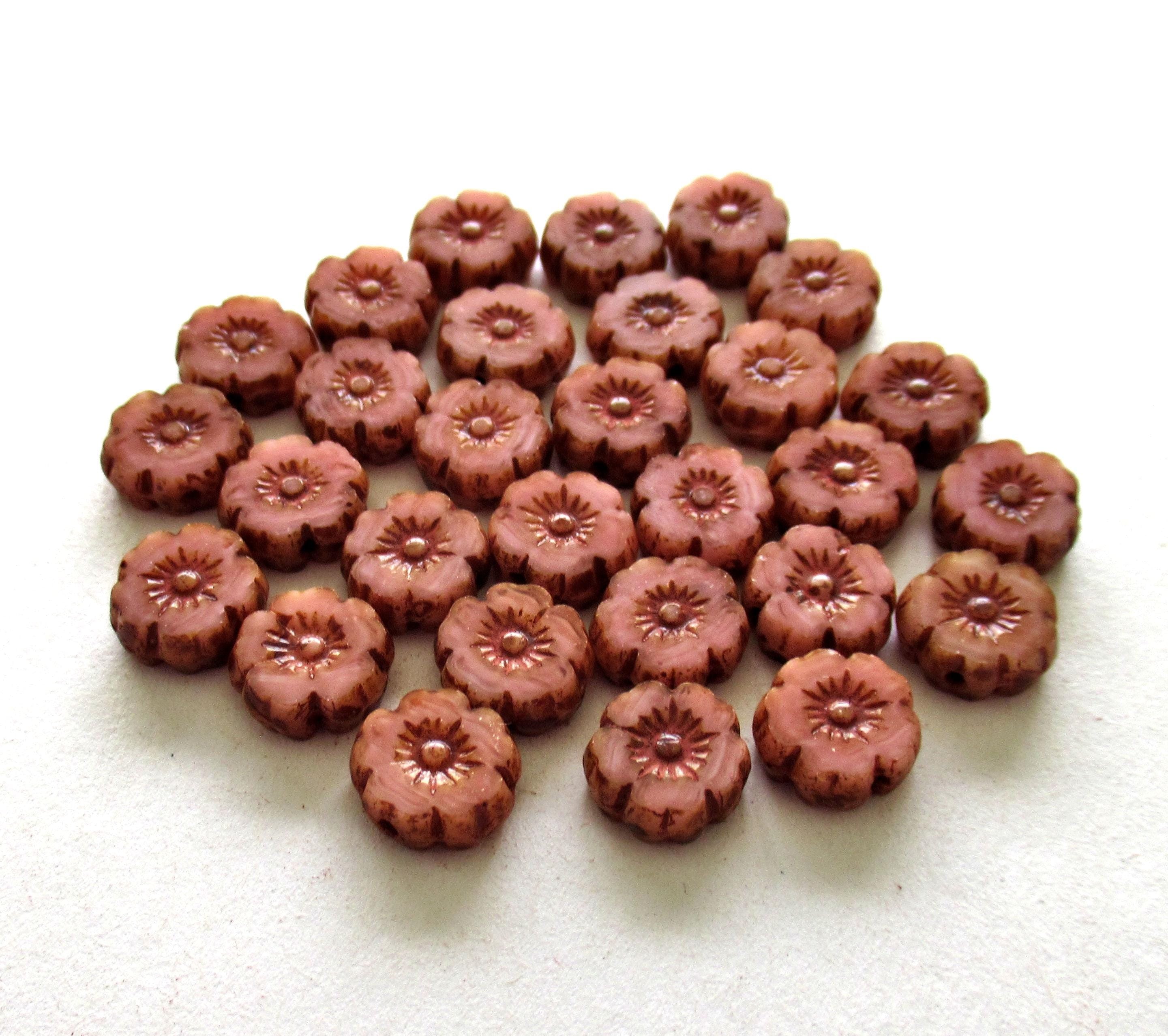 Czech glass flower beads - marbled pink picasso beads - 8mm- table cut carved -Hawaiian hibiscus flowers - 15 pieces - 00121