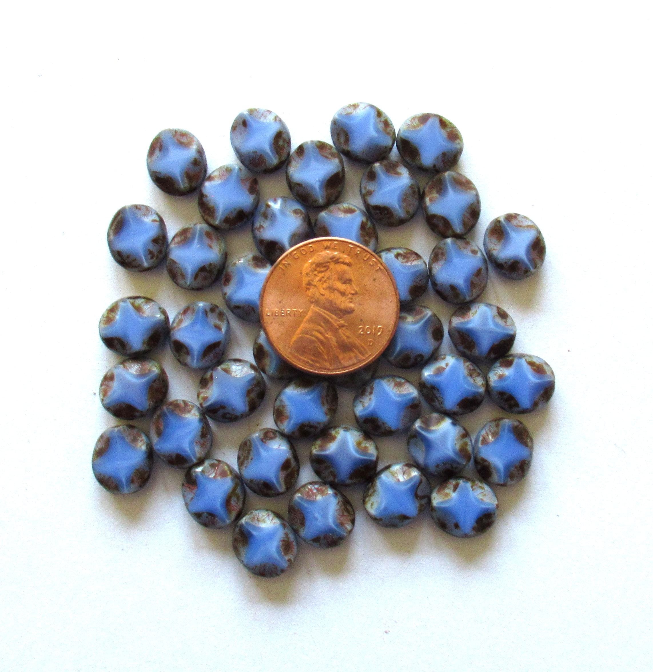 10 Czech glass oval beads - 9 x 8mm - blue w/ picasso accents - carved table cut beads with a diamond pattern - C0121