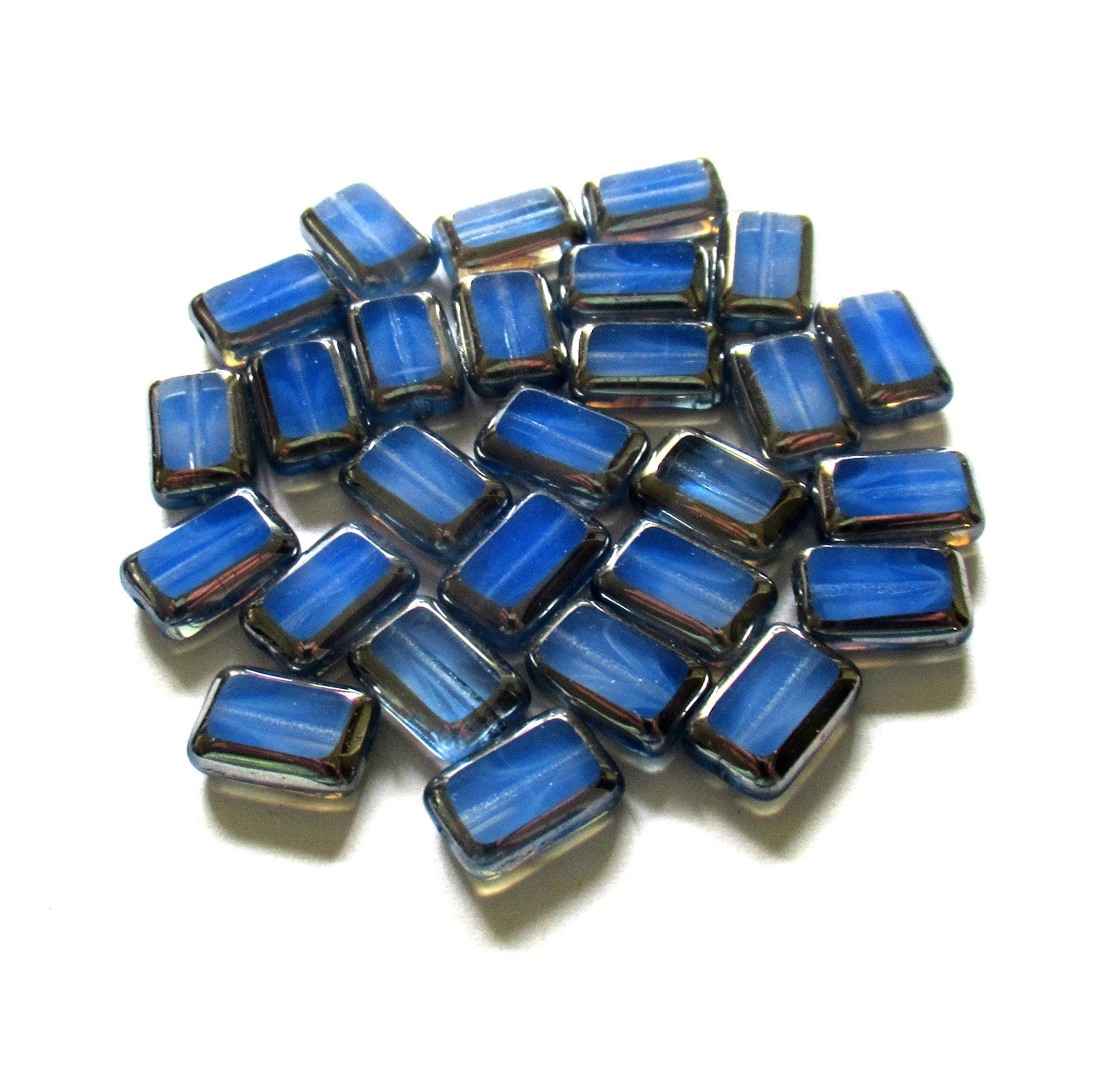Ten Czech glass rectangle beads - 8 x 12mm - translucent blue opal w/ a silver picasso finish along the edges - C00631