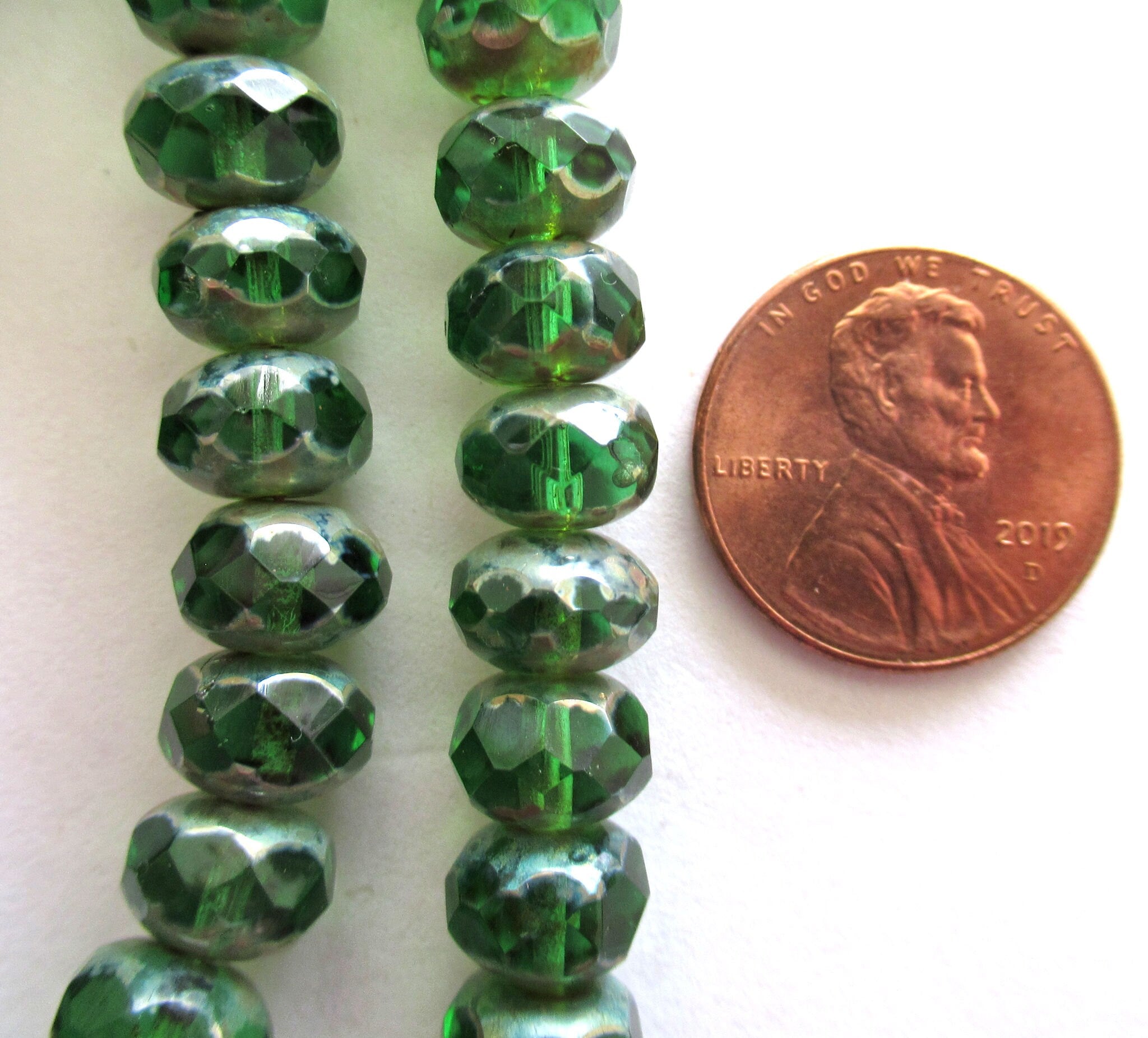 Lot of 30 6 x 9mm Czech glass puffy rondelle beads - transparent emerald green picasso faceted, fire polished puffy rondelles 00091