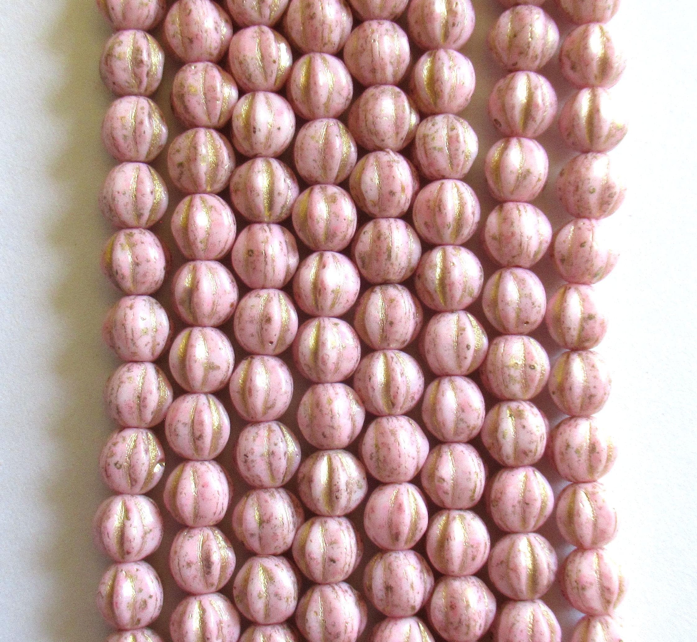 25 Czech glass melon beads - 6mm - opaque light pink with gold accents - C0901
