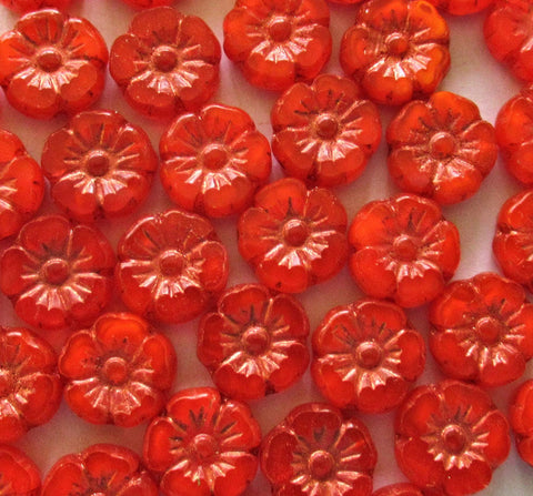 Czech glass flower beads - orange opaline w/ copper wash - 10mm - table cut carved - Hawaiian hibiscus floral beads - 10 beads - C00281