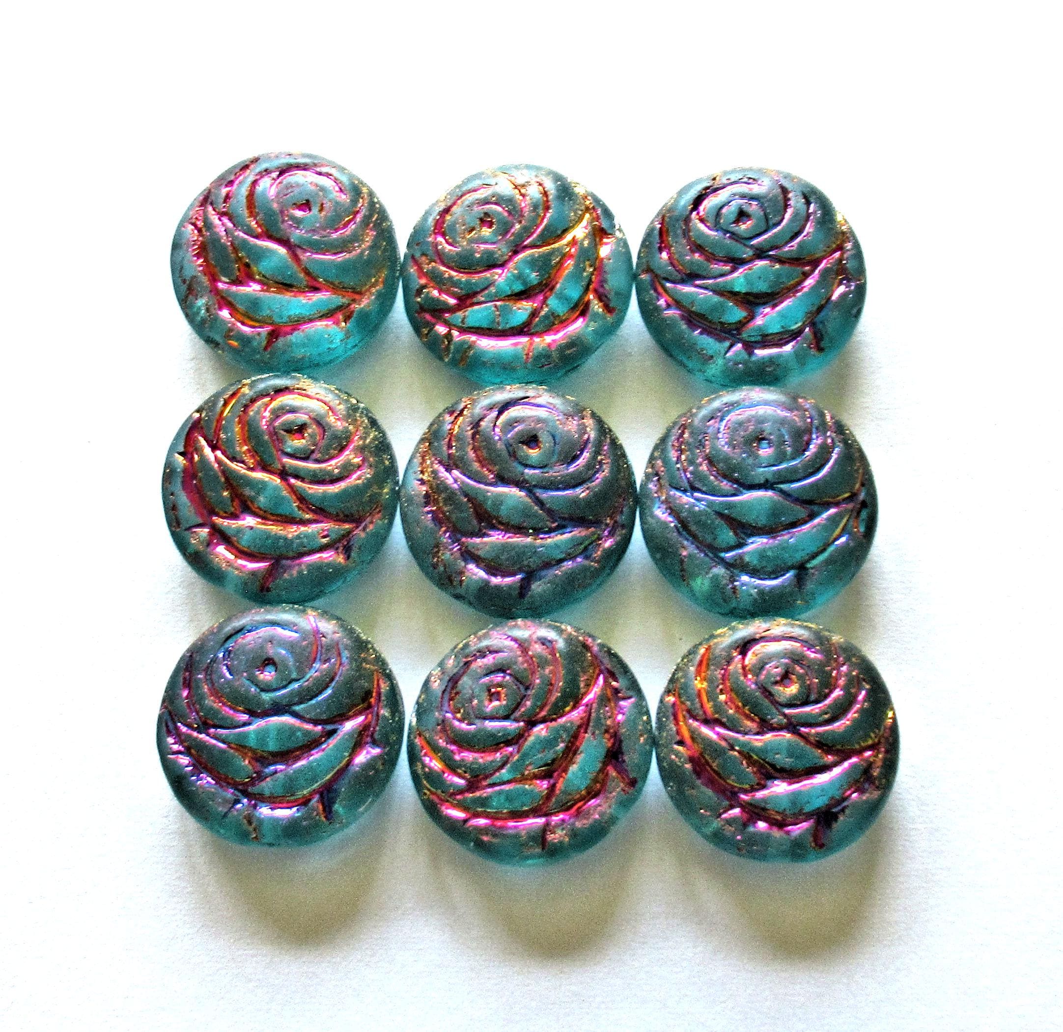 6 Czech glass flower coin beads - 17mm - teal blue green - puffy pillow rose beads w/ a metallic wash - C00522