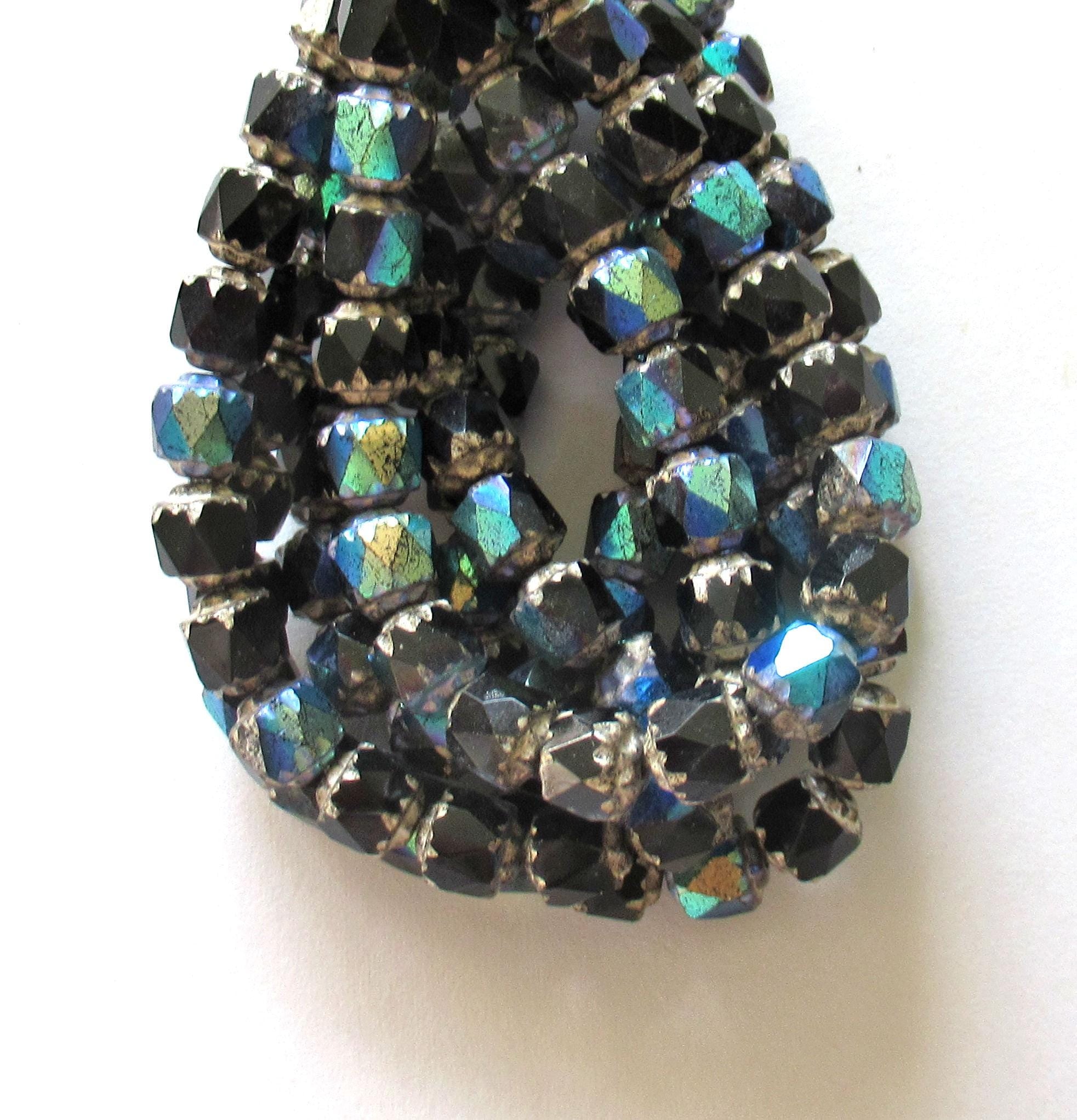 20 6mm Czech glass cathedral beads - black ab w/ silver picasso accents - faceted fire polished antique cut beads C00561