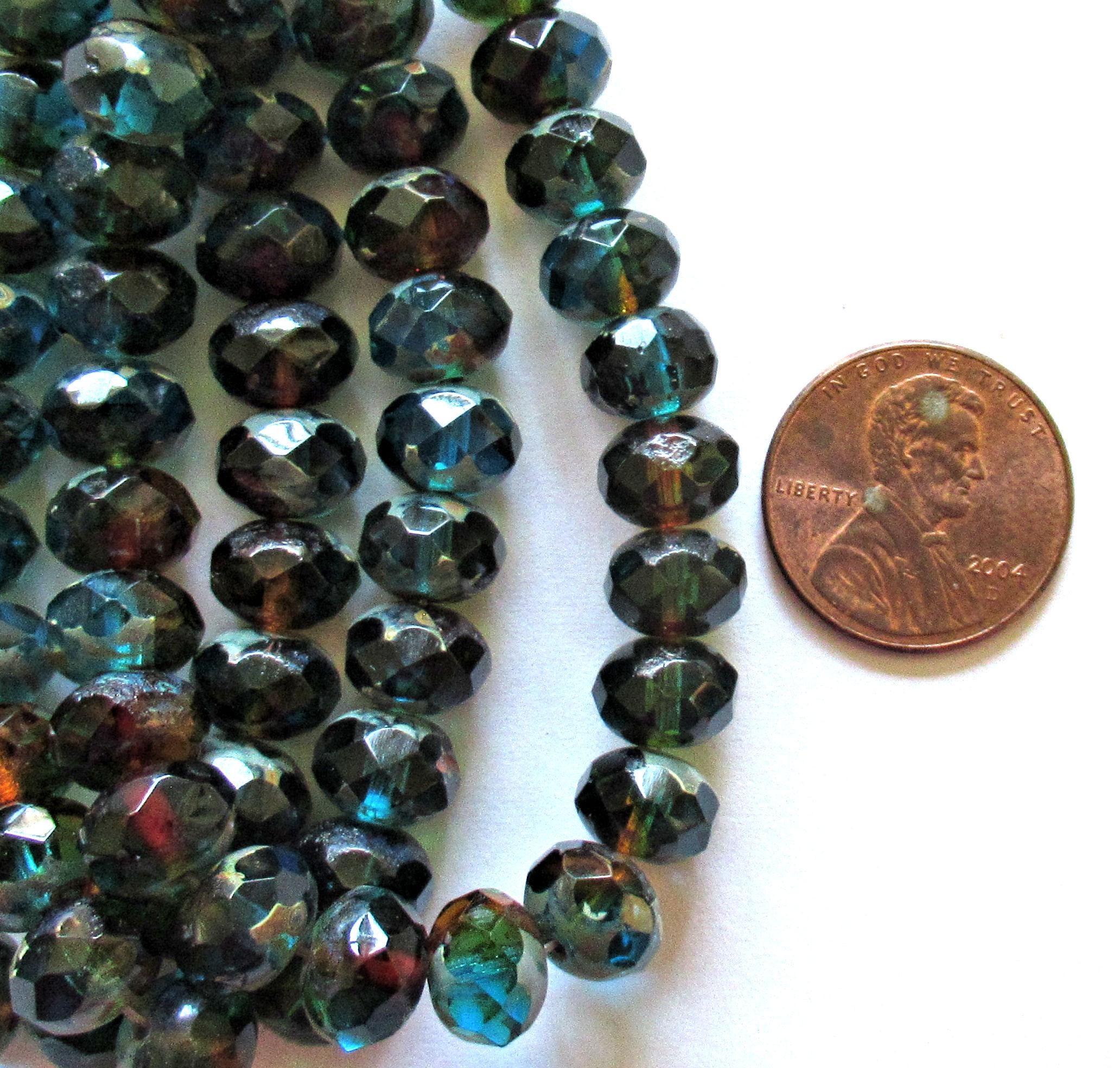25 Czech glass puffy rondelle beads - 8 x 6mm - transparent teal blue green & topaz brown picasso mix - 57201