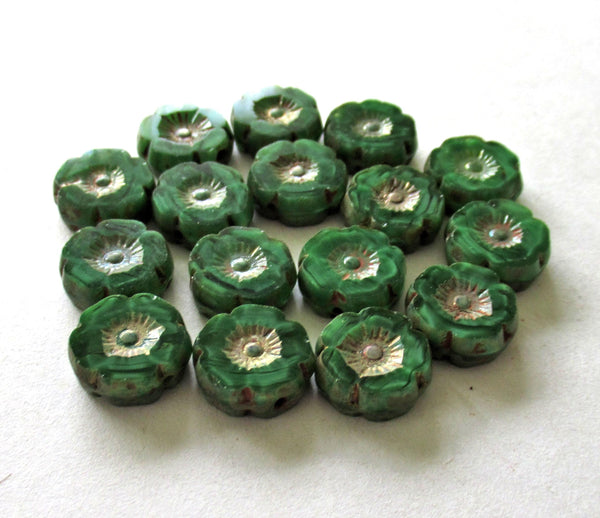 10 Czech glass flower beads - opaque marbled green silky beads - table cut carved - 12mm - Hawaiian Hibiscus floral beads - C00441