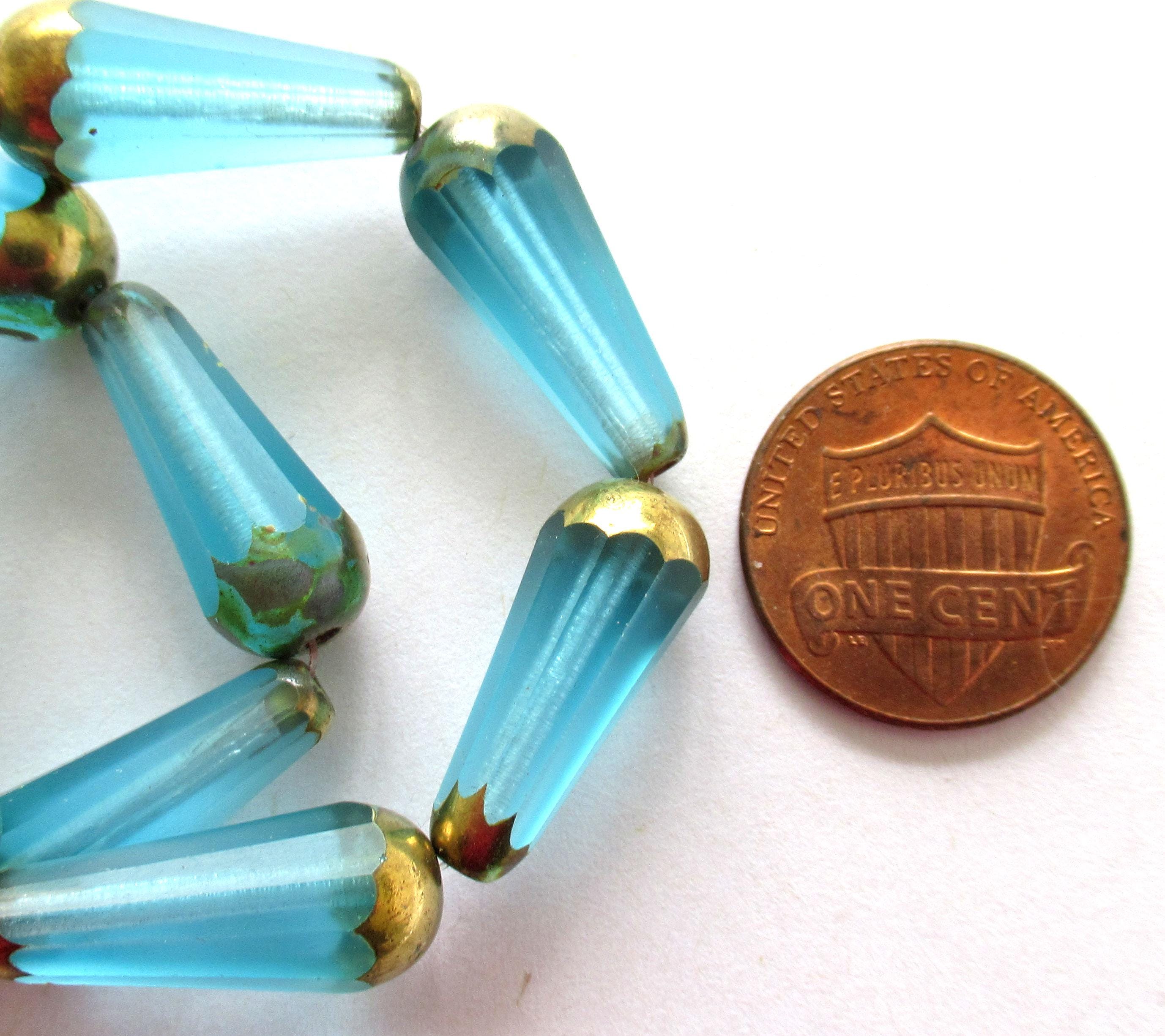 Six Czech glass long faceted teardrop beads - transparent aqua blue w/ bronze accents - 9 x 20mm tear drop 00362