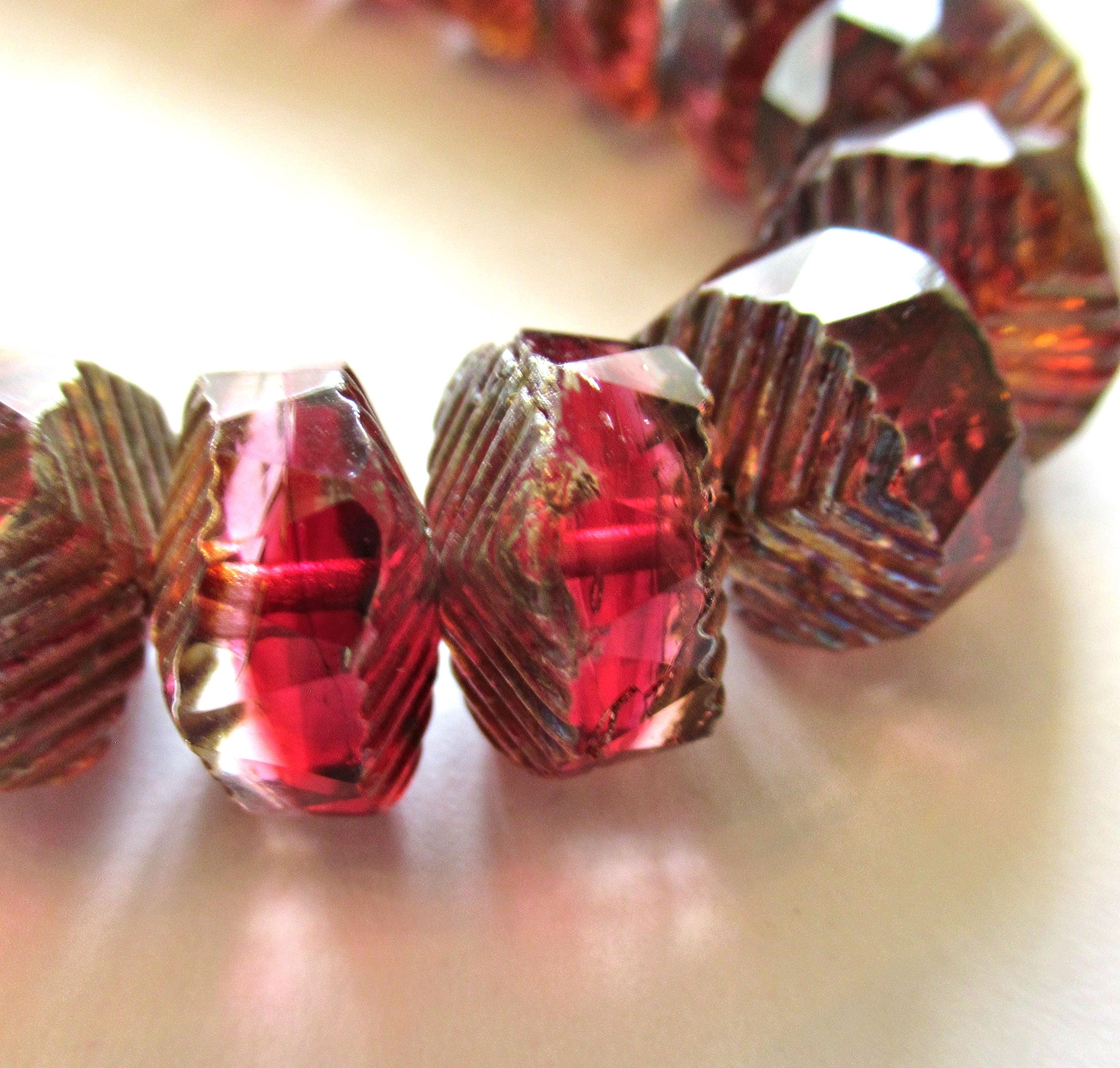 6 Czech glass faceted wavy rondelle beads - large 14 x 6mm deep raspberry pink & crystal chunky statement or focal beads - C00991