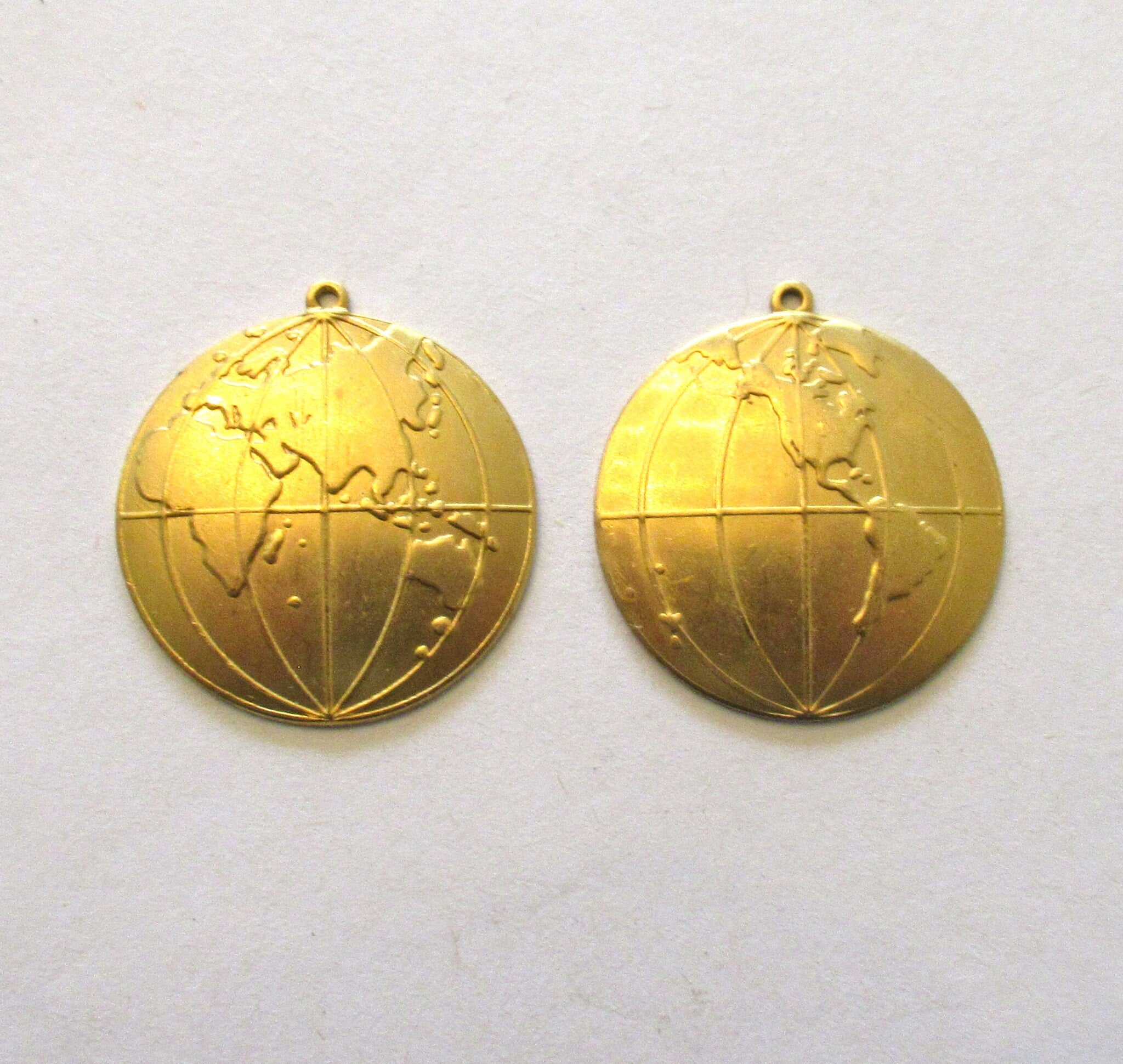 2 Raw Brass Stampings - globe or map dangles - charms - drops - earrings - 1 inch in diameter - made in the USA C0008