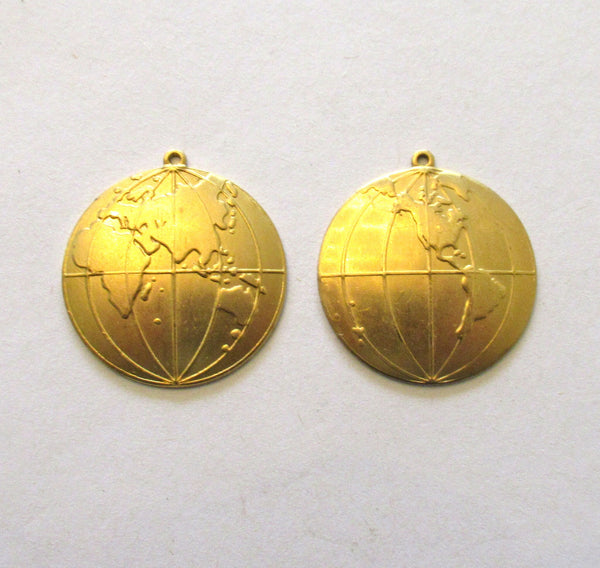 2 Raw Brass Stampings - globe or map dangles - charms - drops - earrings - 1 inch in diameter - made in the USA C0008