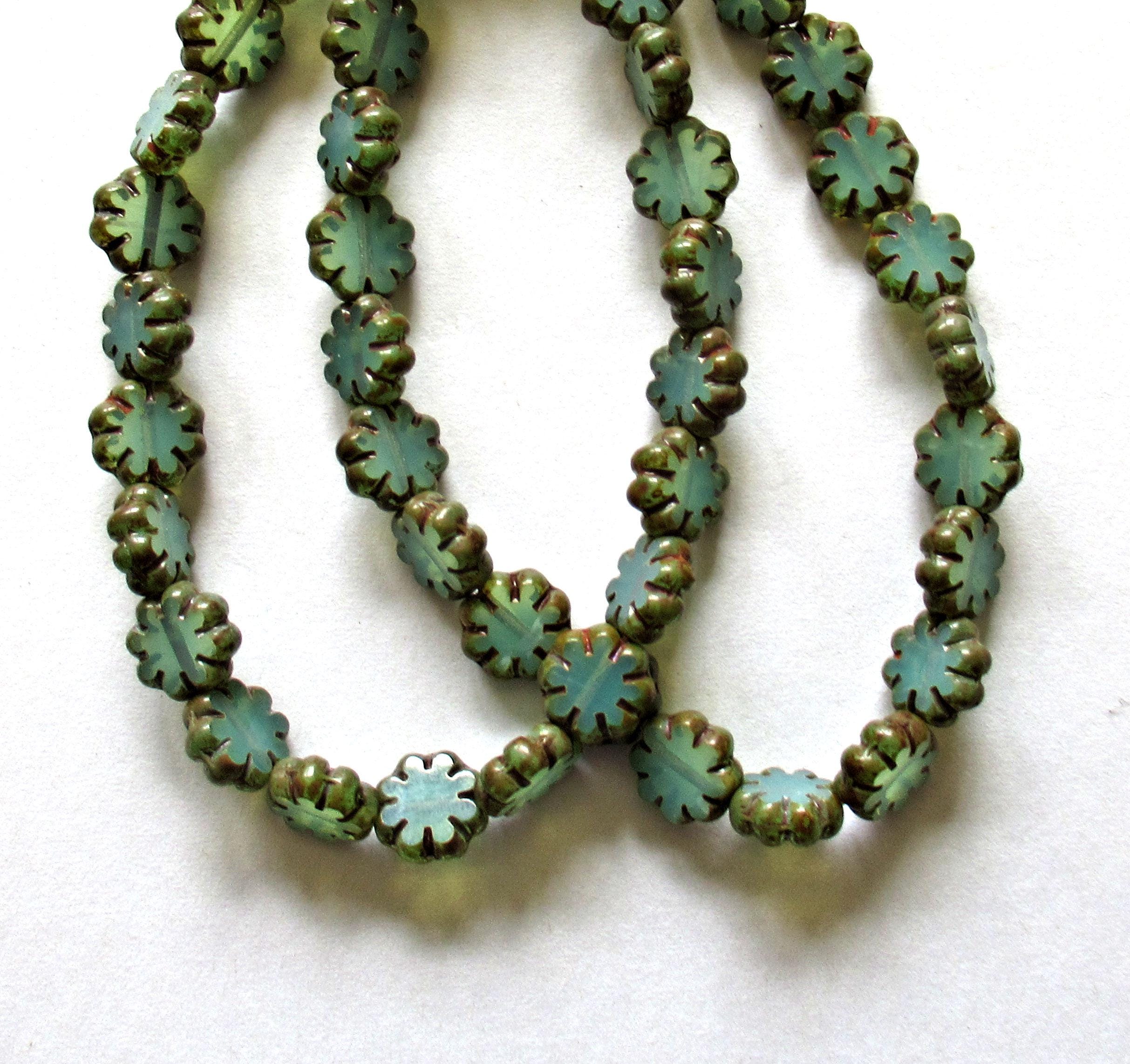 15 Czech glass cactus flower beads - translucent milky sea foam green picasso beads - 9mm - table cut - C00402