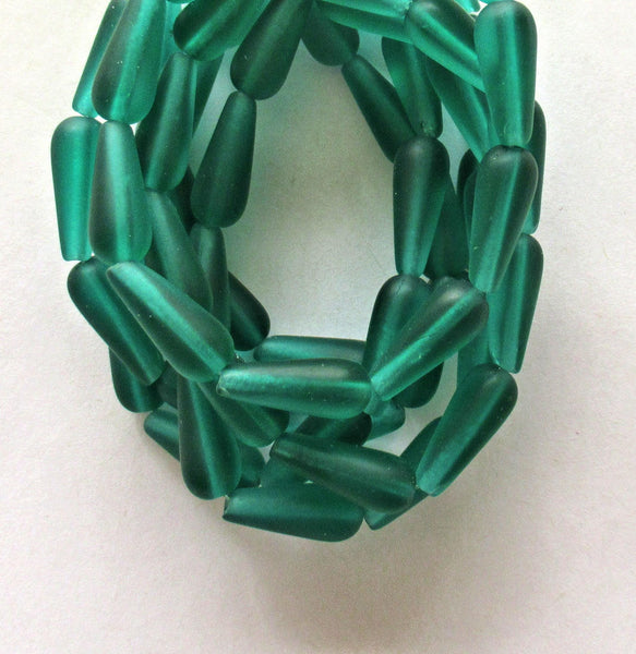 Lot of ten Czech glass teardrop beads - transparent matte teal blue green - 6 x 15mm elongated tear drops 00611