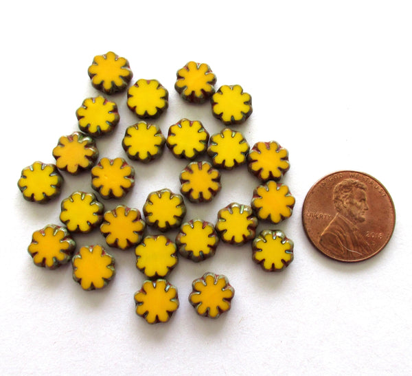 20 Czech glass flower beads - two tone orange picasso beads - 9mm - table cut - cactus flower beads - C00871