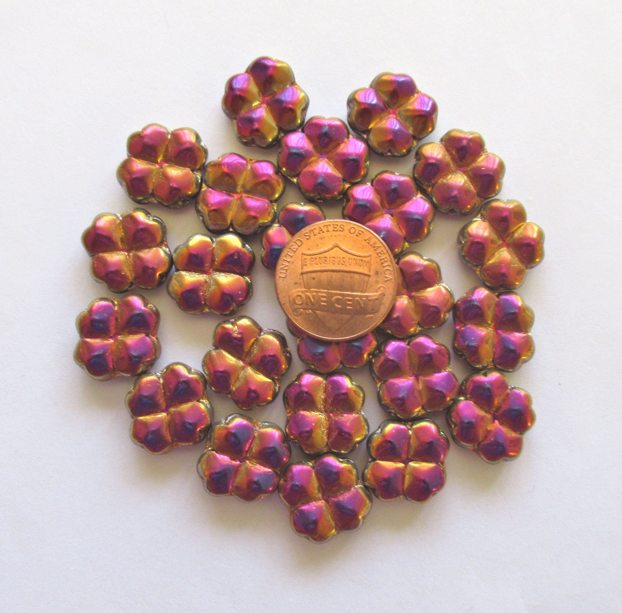 Eight 15mm Czech glass clover beads - metallic gold marea four leaf clover shaped beads - 00011