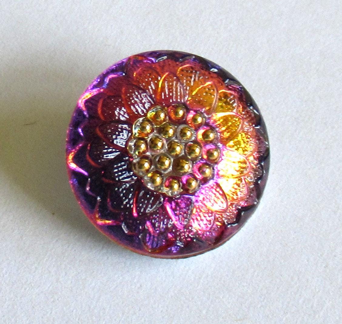 One 18mm iridescent Czech glass floral button - pink orange & purple flower with gold accents - decorative shank button - 00392