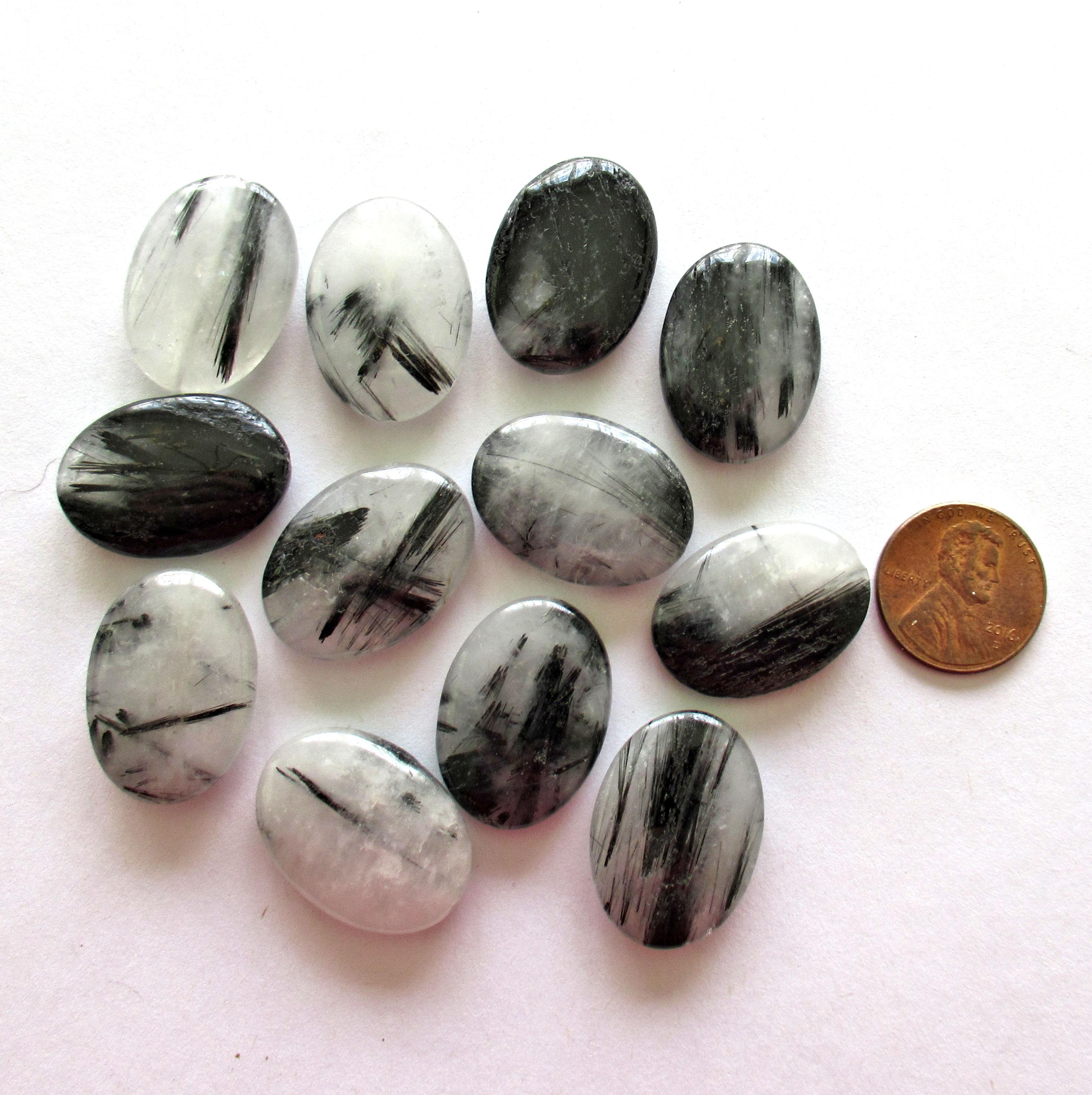 Large tourmalinated Quartz Beads - 24 x 18mm - semiprecious stone beads - black & white rutilated beads - 10 beads - C00013
