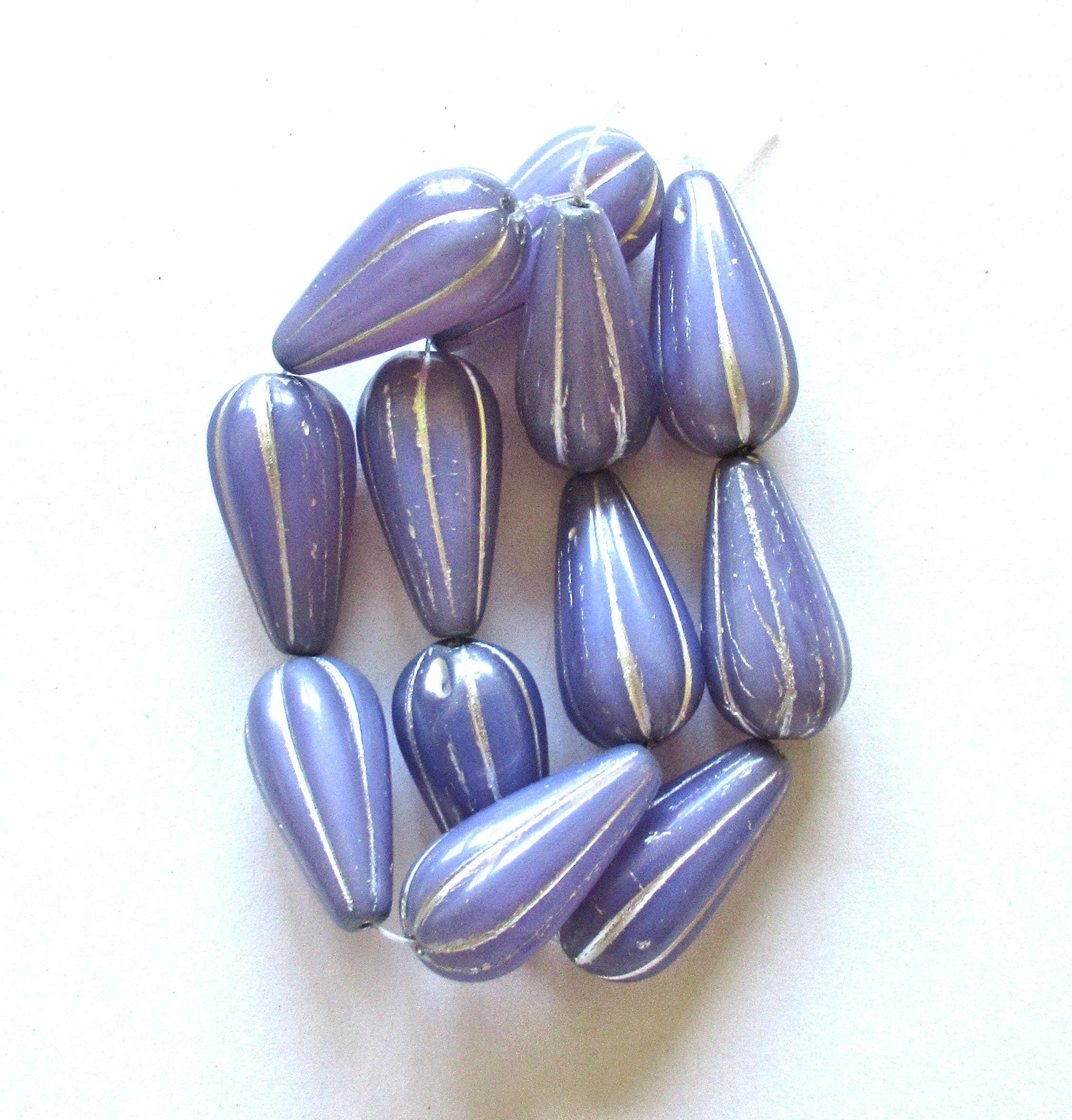 Six large Czech glass teardrop melon beads - milky lavender purple lilac opal w/ silver accents - 22 x 11mm tear drops - 00022