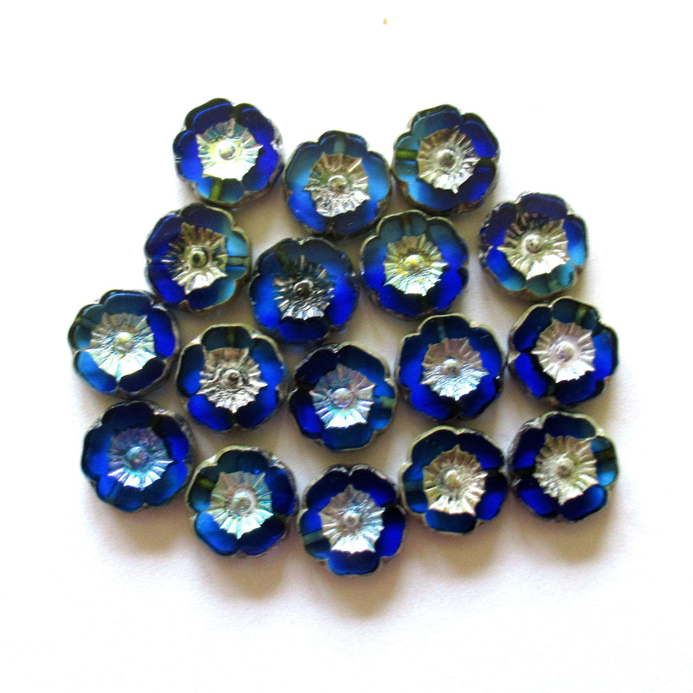 Czech glass flower beads - 12mm - sapphire & aqua blue AB w/ silver accents - table cut Hawaiian hibiscus flowers - 8 beads - C00042