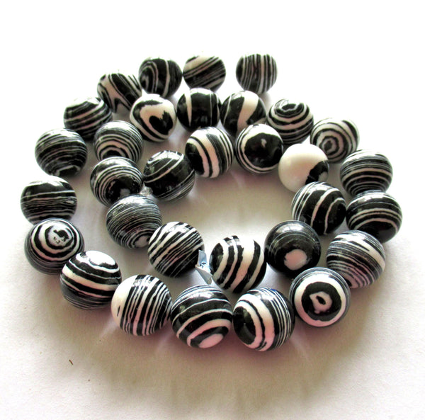 12mm Calsilica smooth round zebra beads - synthetic semiprecious gemstone beads - black & white druk beads - 10 beads
