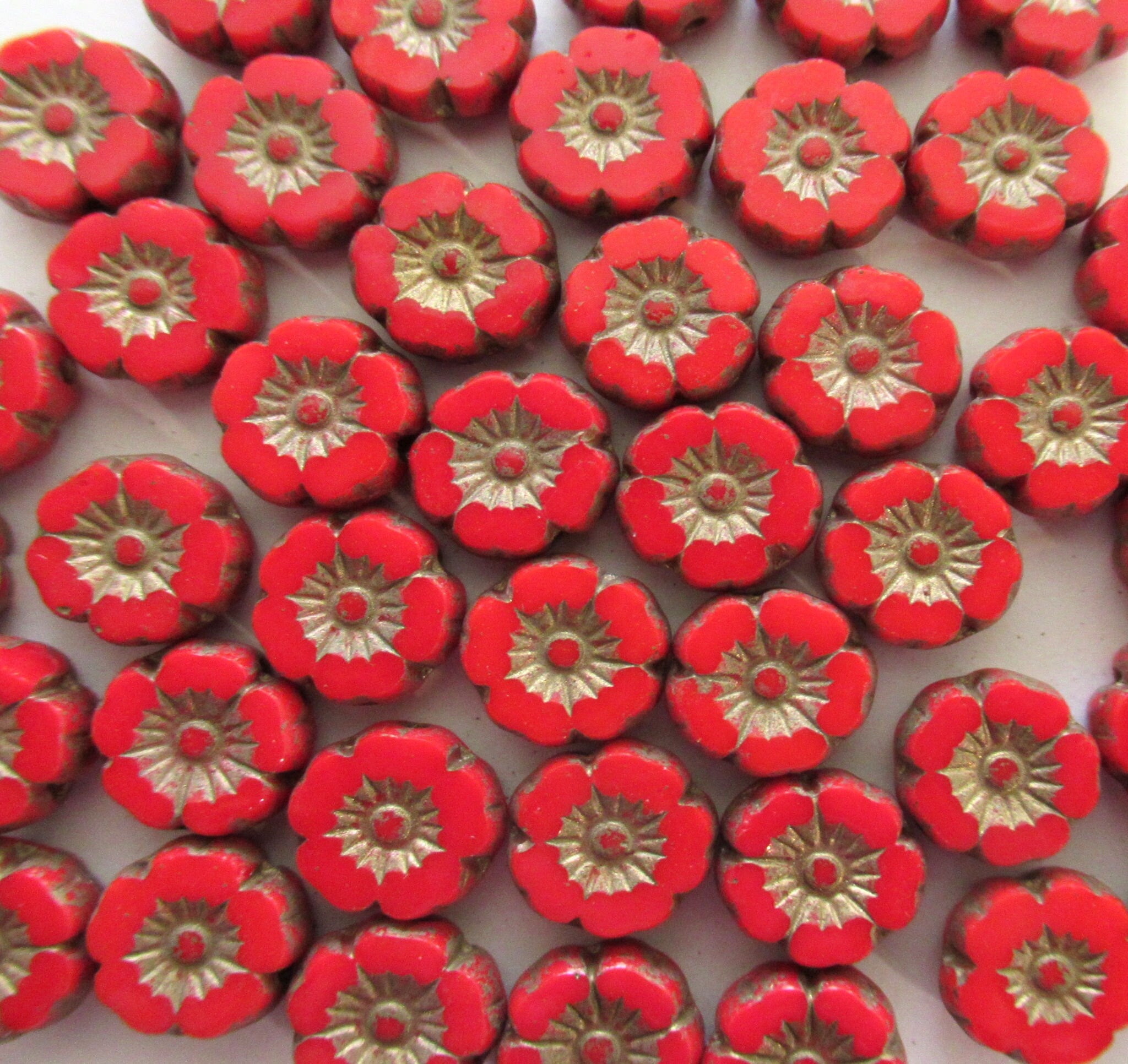 Lot of 15 8mm Czech glass flower beads - opaque red w/ gold accents - table cut carved Hawaiian flower beads C00311