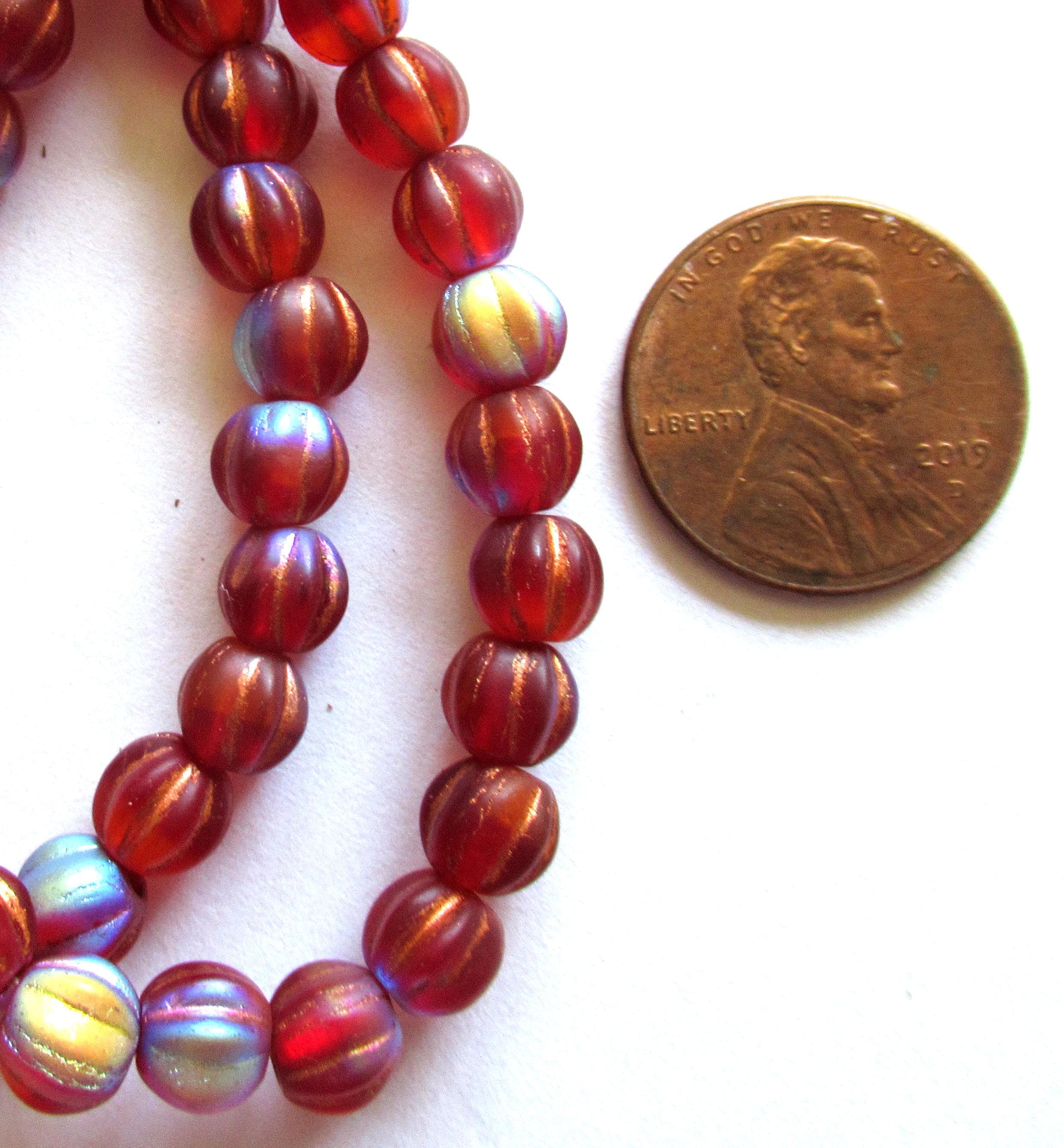 25 6mm Czech glass big hole melon beads - 6mm - matte ruby red ab with a copper wash - C00601