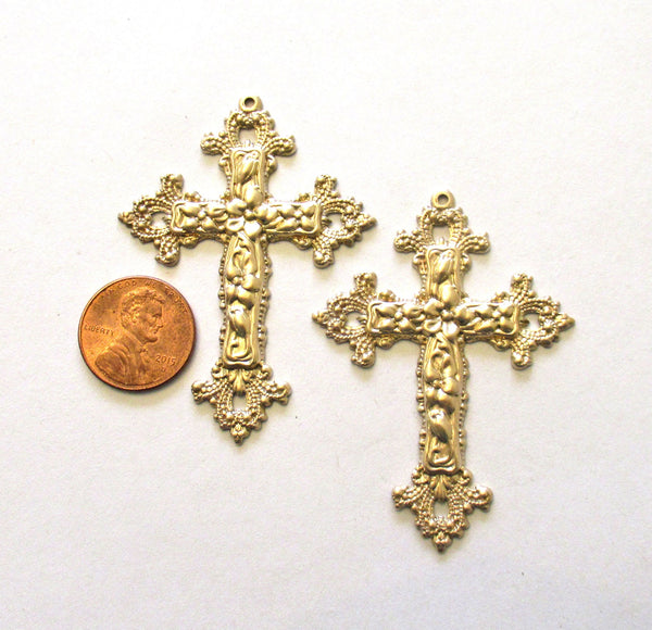 2 raw brass cross stampings - ornate Victorian crosses - pendants - charms - earrings - 2.25" x 1.75" - made in the USA C00001