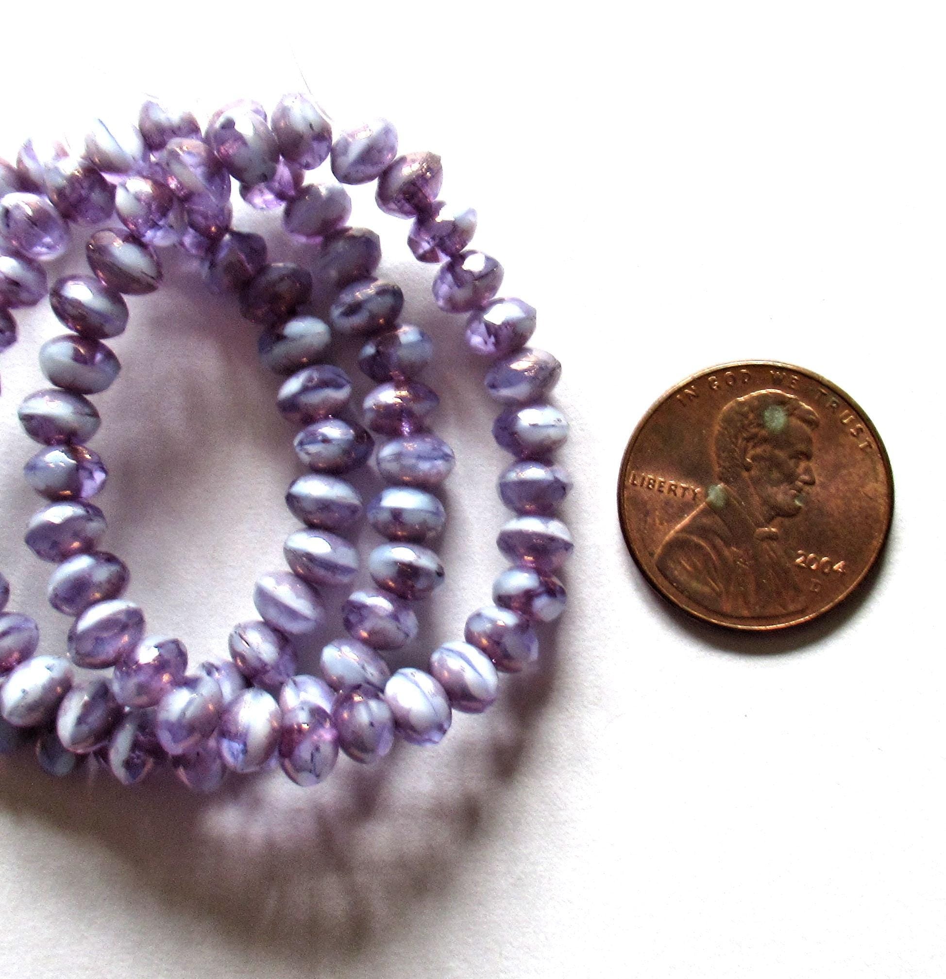 30 small Czech glass puffy rondelle beads - opaque & transparent lavender purple picasso - 3mm x 5mm - faceted rondelles - C00761