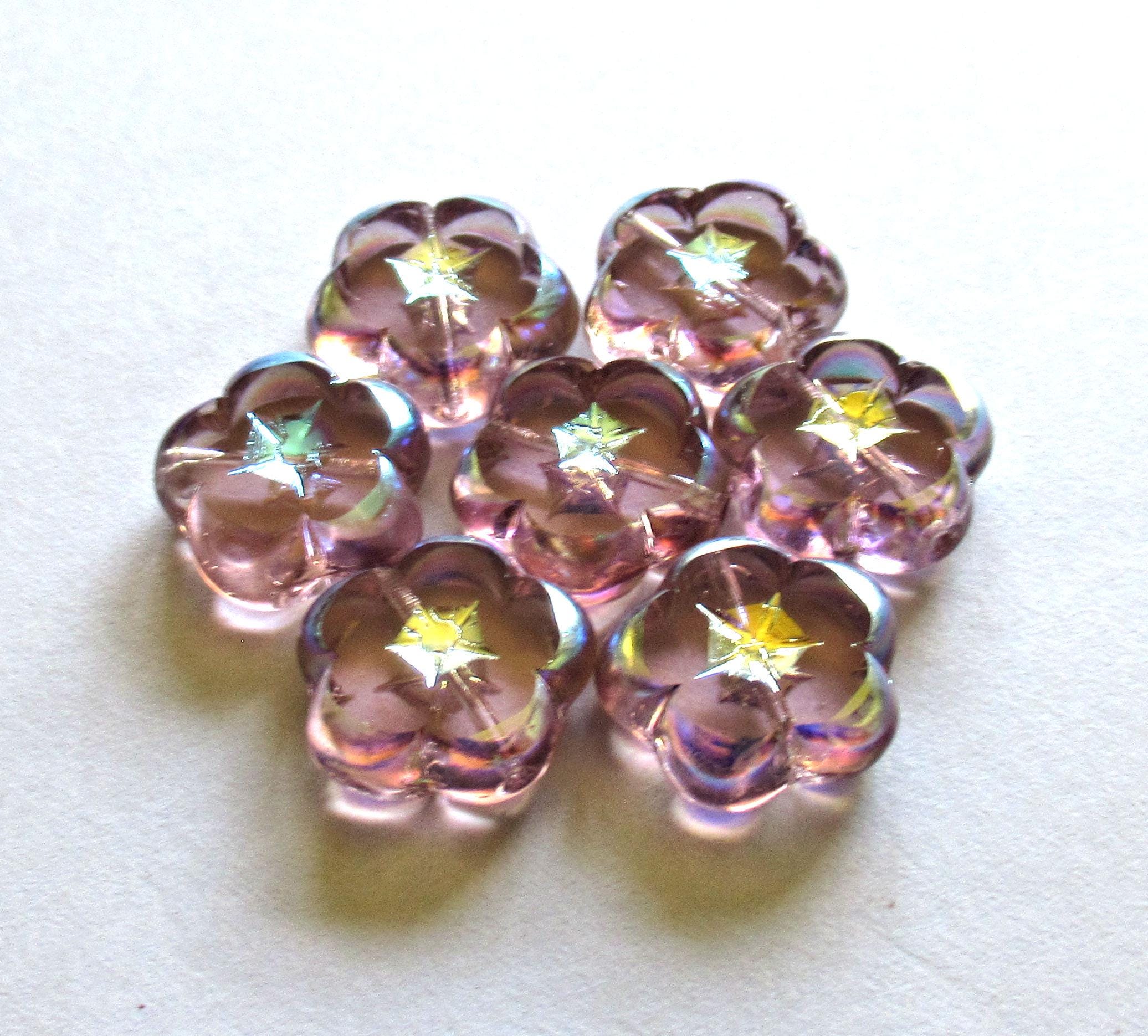 6 Czech glass flower beads - 14mm - table cut & carved - light purple amethyst w/ rainbow AB accents - C00541